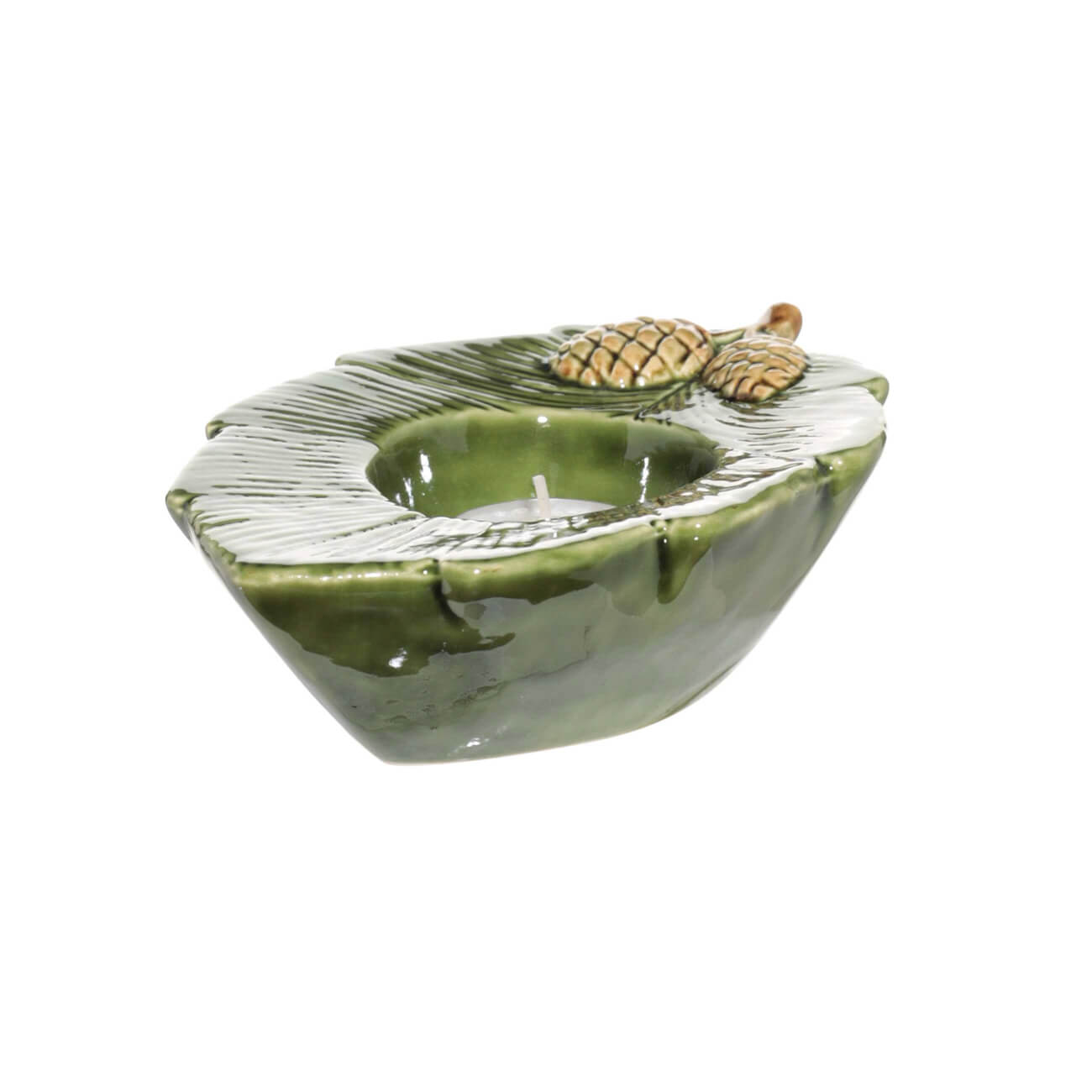 Подсвечник, 18х13 см, для цилиндрической свечи, керамика, зеленый, Шишки на листе, Fir cone