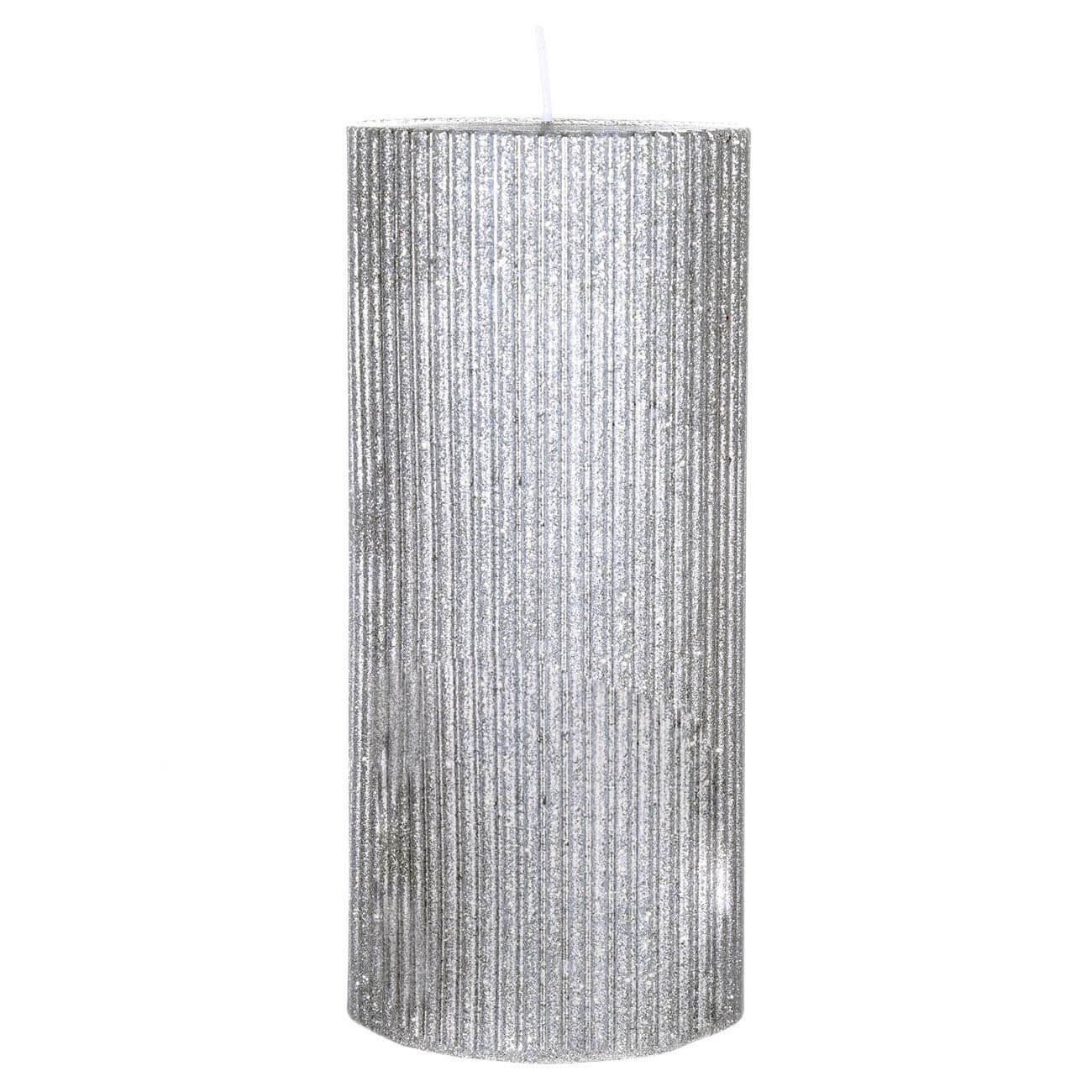 

Свеча, 15 см, цилиндрическая, серебристая с блестками, Грани, Metallic glow