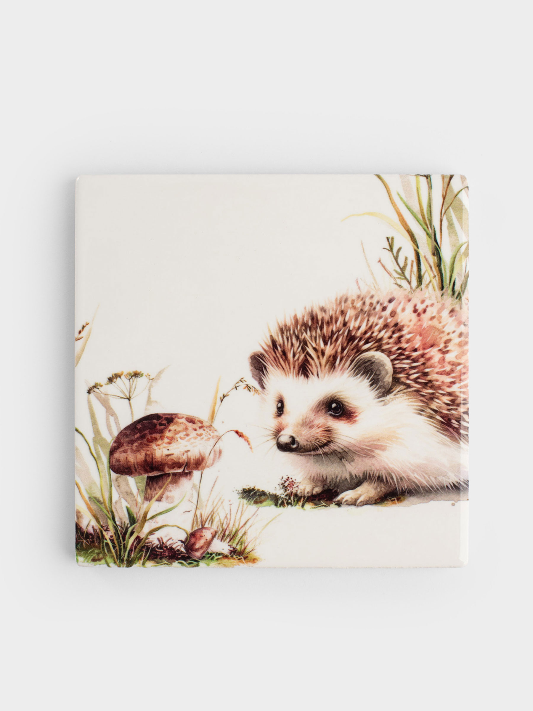 Подставка под кружку, 11х11 см, квадратная, керамика/пробка, белая, Еж, Forest hedgehog, image-0