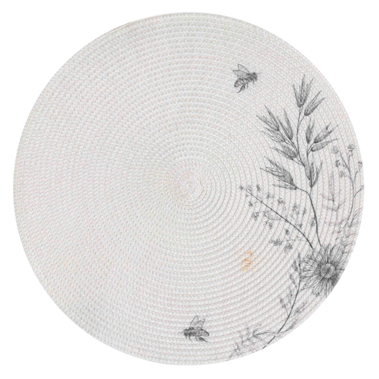 Салфетка под приборы, 38 см, полипропилен/полиэстер, круглая, серо-бежевая, Цветы и пчелы, Circle print изображение № 1
