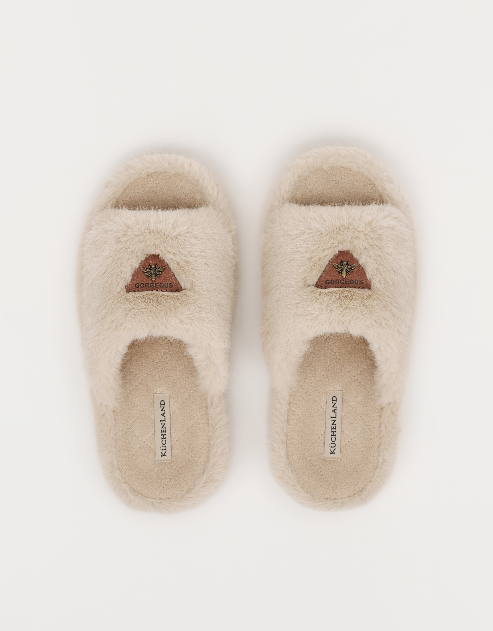 Тапочки женские, домашние, искусственный мех/замша, бежево-оранжевые, Пчела, Shaggy, image-1