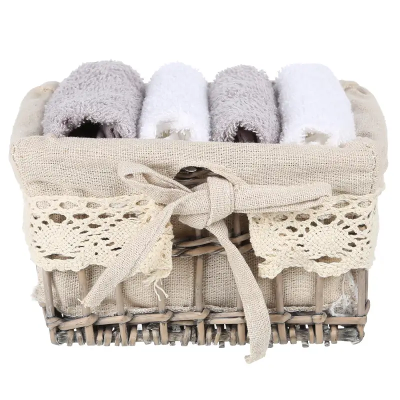 Полотенце, 30х30 см, 4 шт, в корзине, хлопок/дерево, белое/серое, Basket towel ,image-0