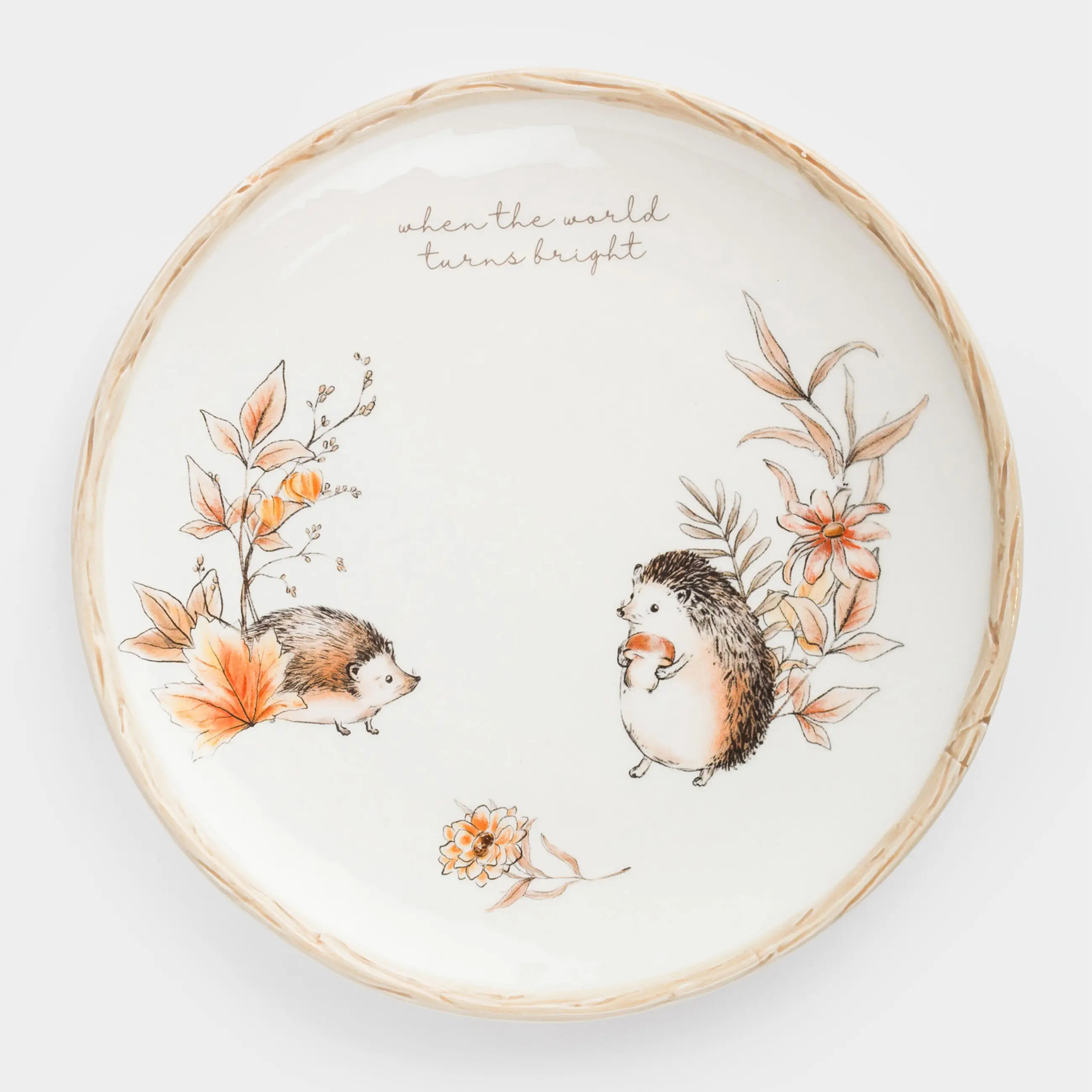 Тарелка закусочная, 22 см, керамика, молочная, Ежи и листья, Forest hedgehogs