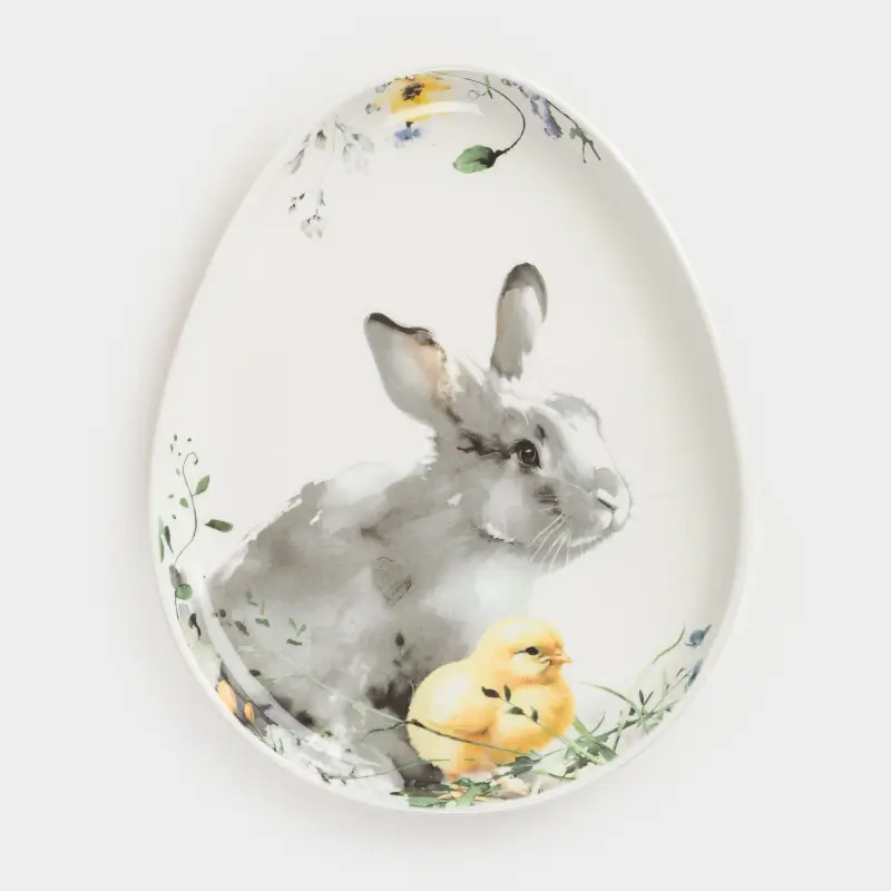 Блюдо, 25х20 см, керамика, белое, Яйцо, Кролик и цыпленок, Easter ,image-0