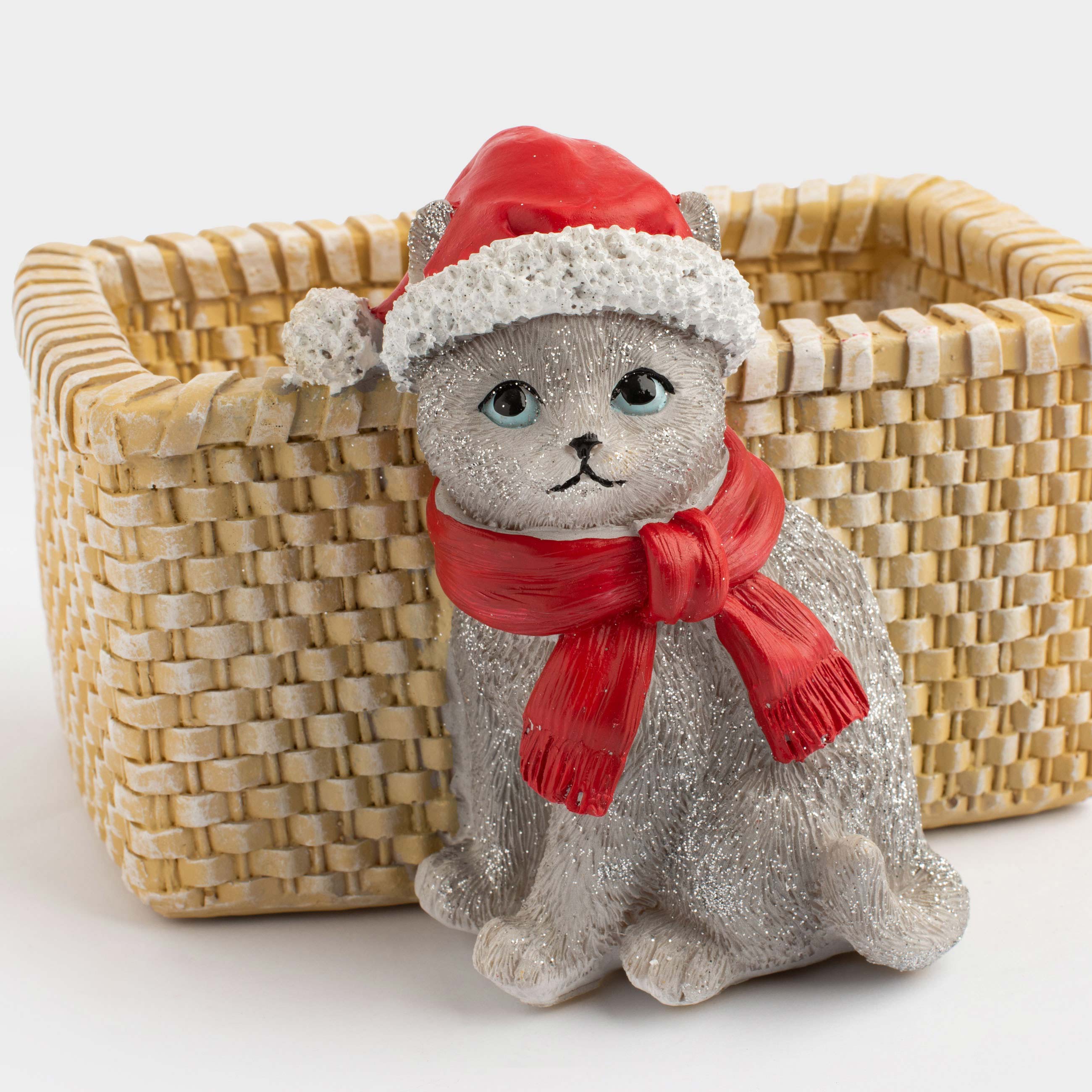 Конфетница, 18х13 см, полирезин, бежевая, Кот с корзиной, Christmas cat, image-6