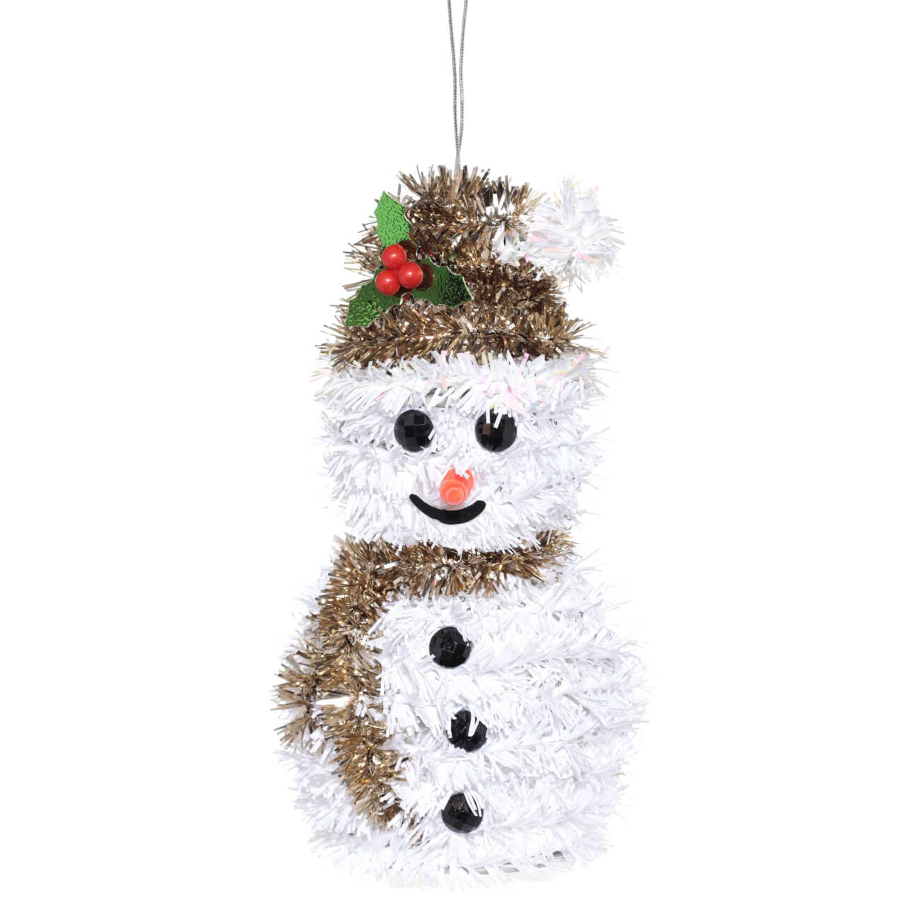 Игрушка елочная, 16 см, мишура/пластик, бело-золотистая, Снеговик, Tinsel christmas - фото 1