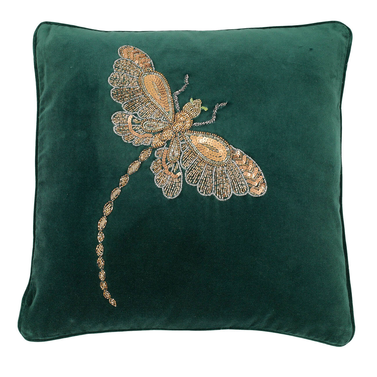 Подушка декоративная, 50х50 см, вельвет/бисер, зеленая, Стрекоза, Bugs изображение № 1