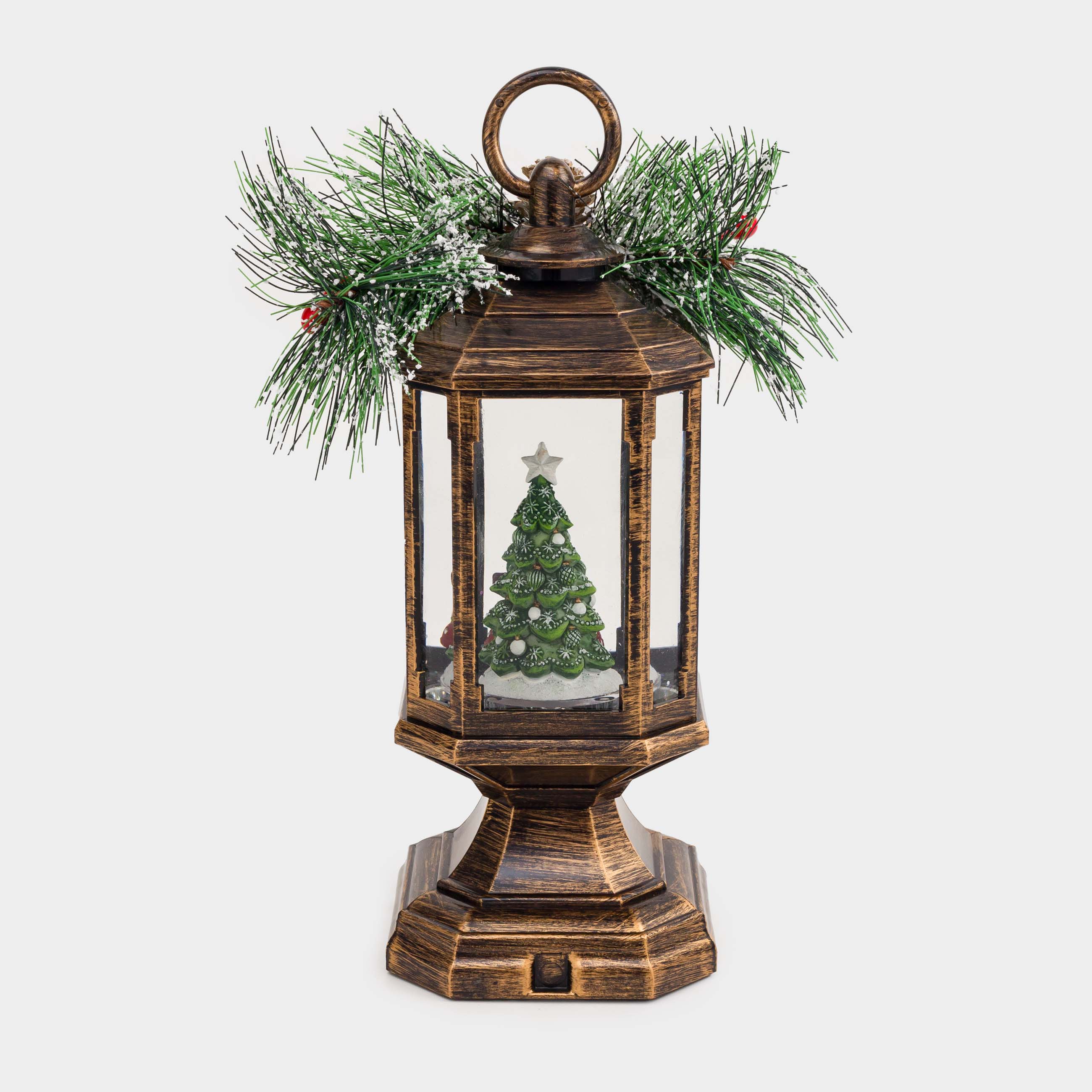 Снежный фонарь, 23 см, с подсветкой, пластик, бронзовый, Машина у елки, Bronze style