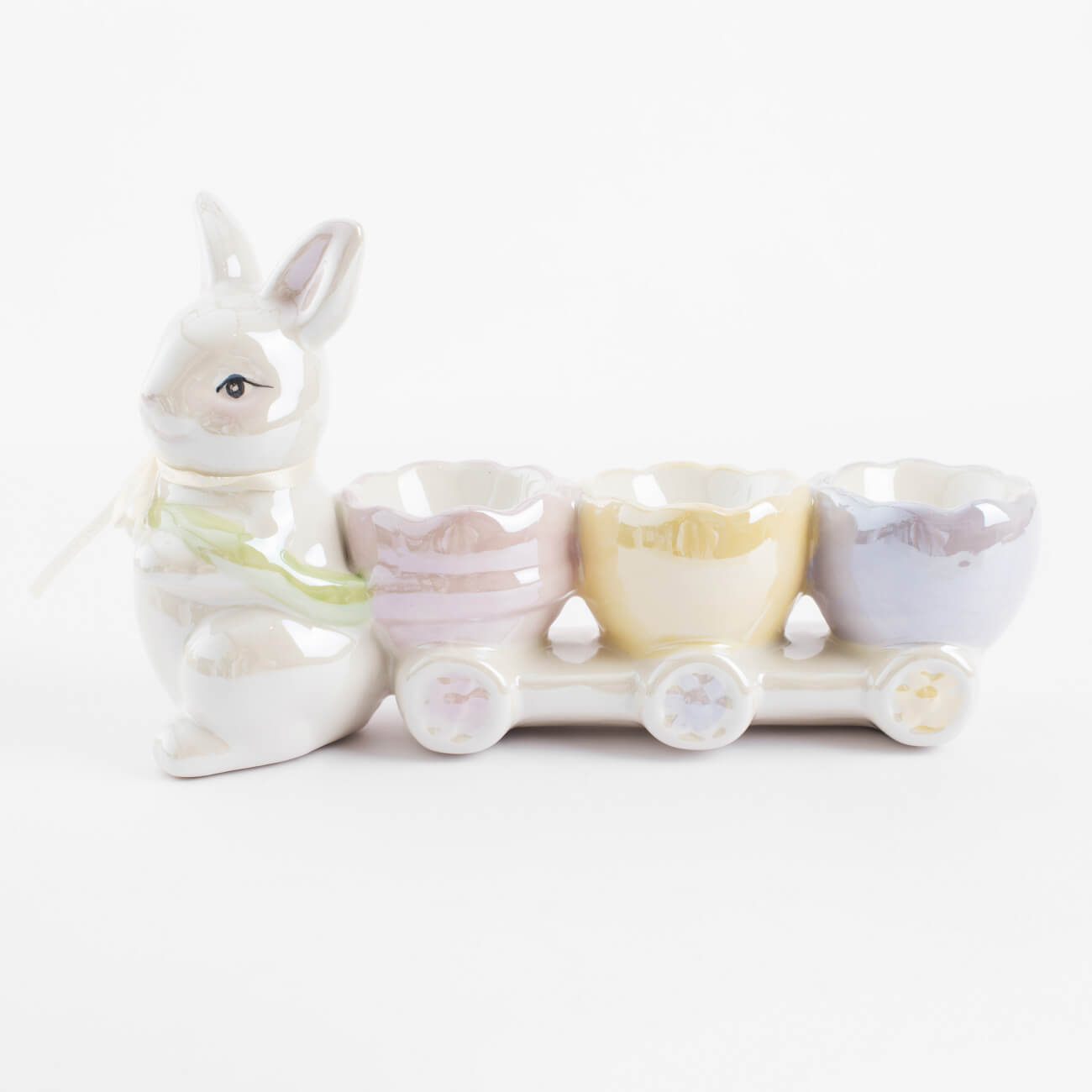 

Подставка для яйца, 22х13 см, 3 отд, керамика, перламутр, Кролик с тележкой, Easter