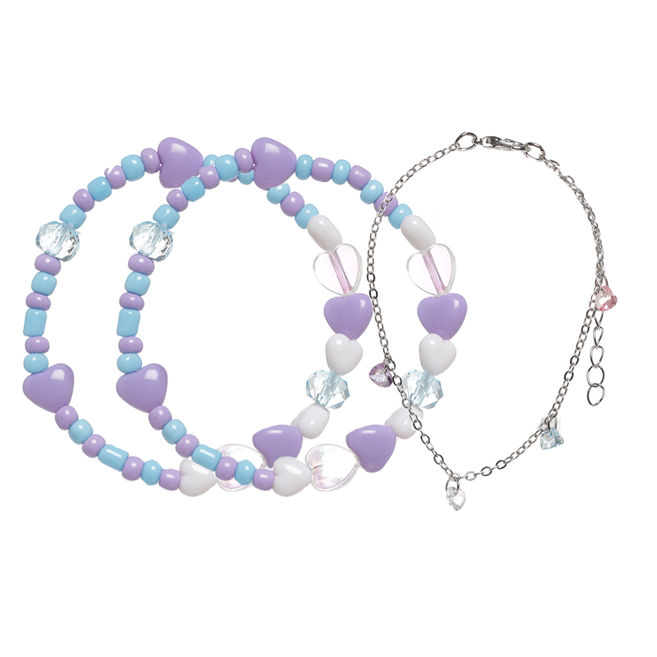 Браслет, 19/21 см, 3 шт, пластик/металл, микс, Яркие бусины и сердца, Pearl color