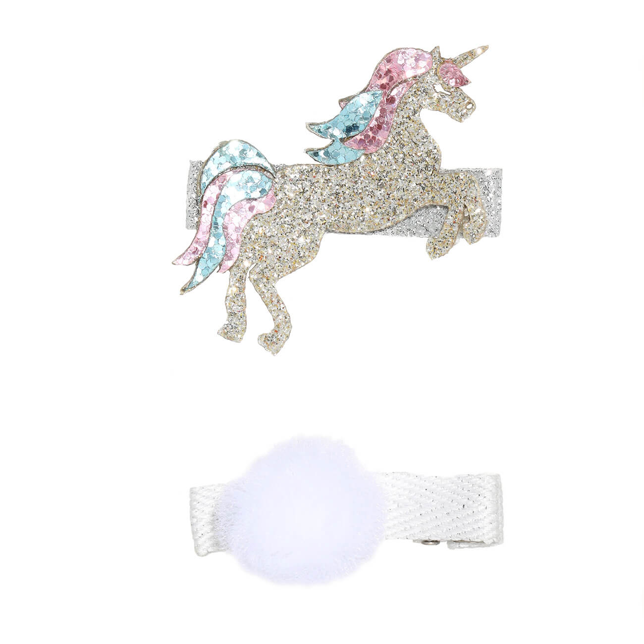 

Набор заколок для волос, 5 см, 2 шт, полиэстер/металл, Единорог/Помпон, Unicorn