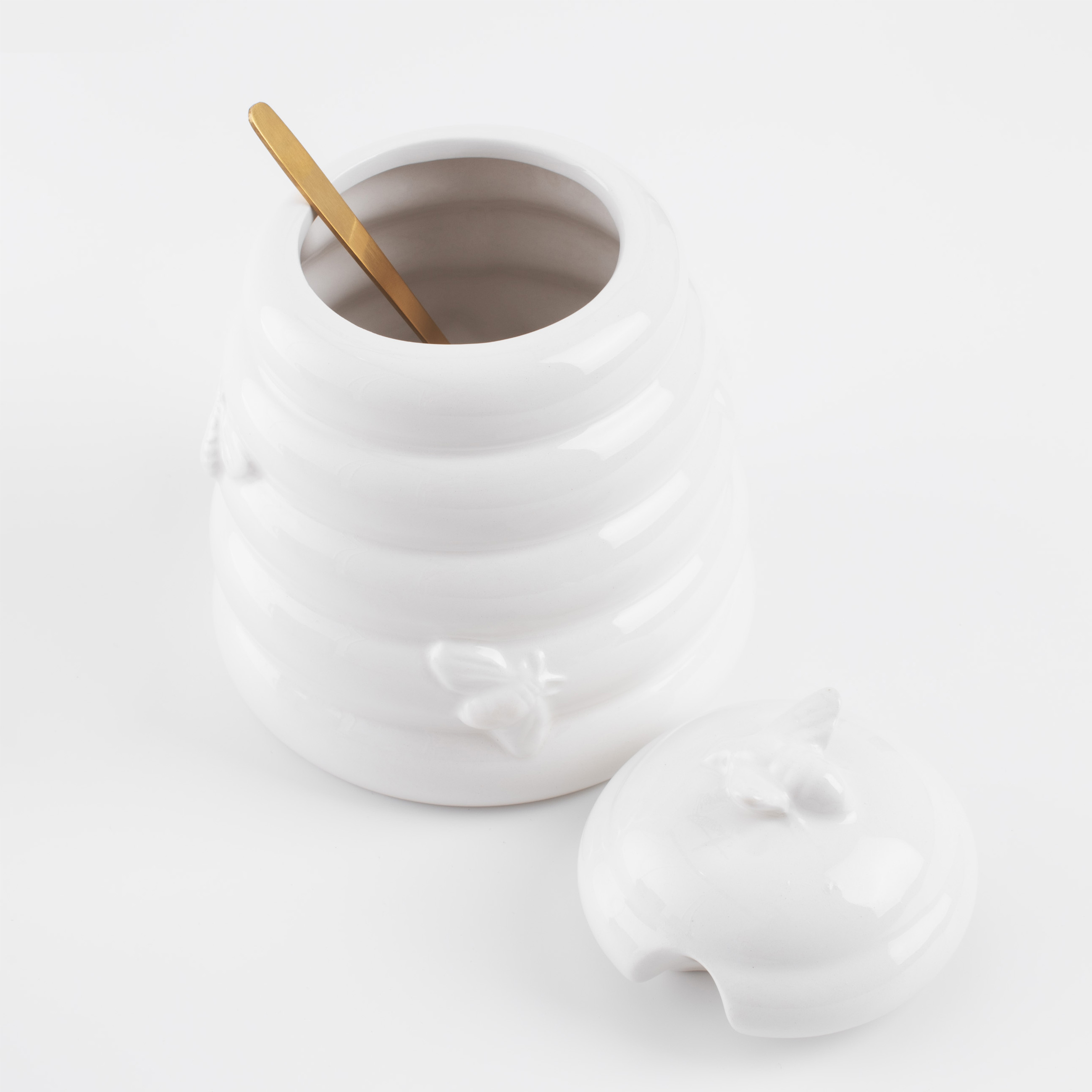 Банка для меда, 650 мл, с ложкой, керамика/сталь, молочная, Пчелы, Honey, image-1
