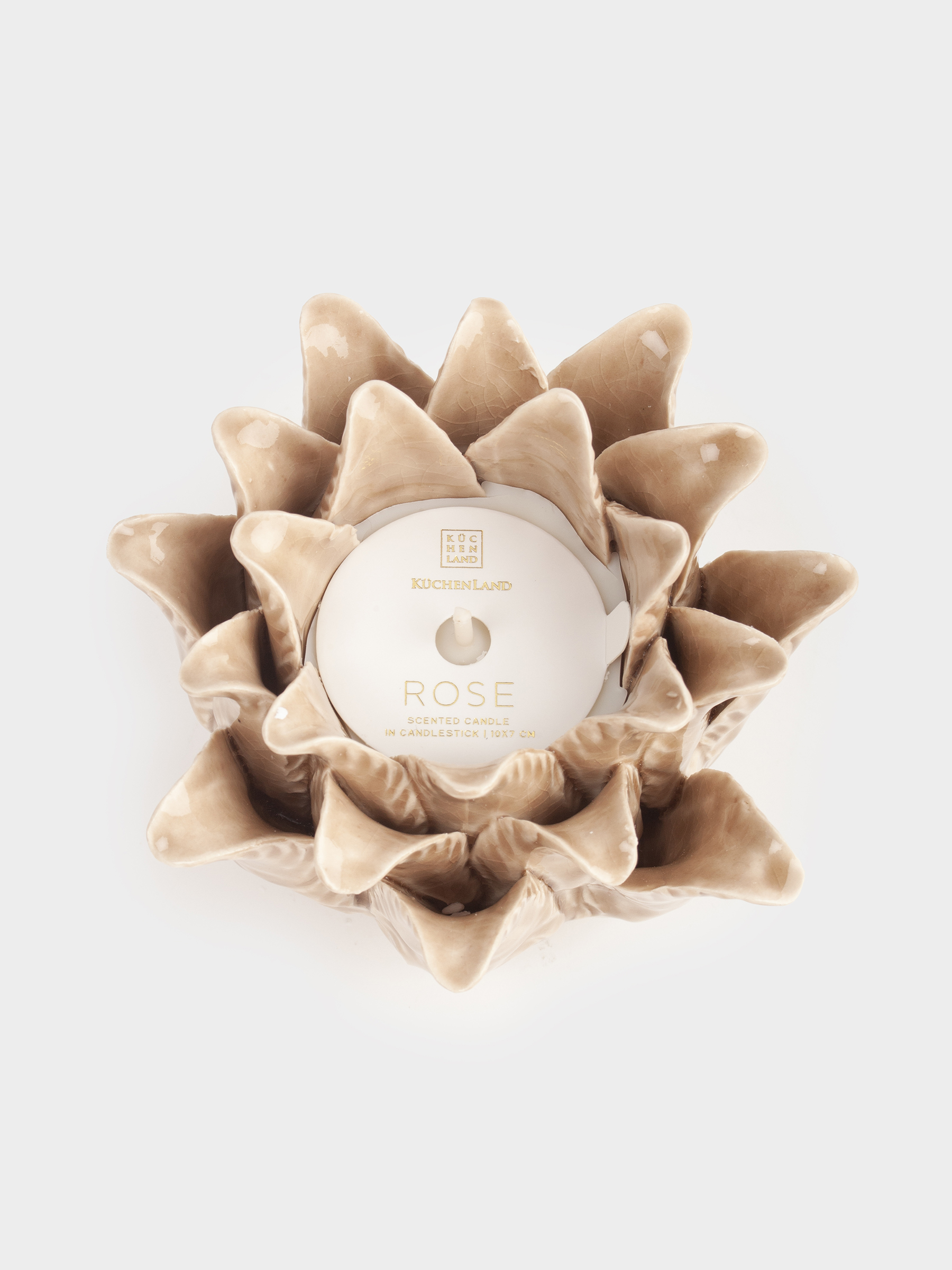 Свеча ароматическая, 7 см, в подсвечнике, керамика, бежевая, Beach musk, Цветок, Rose
