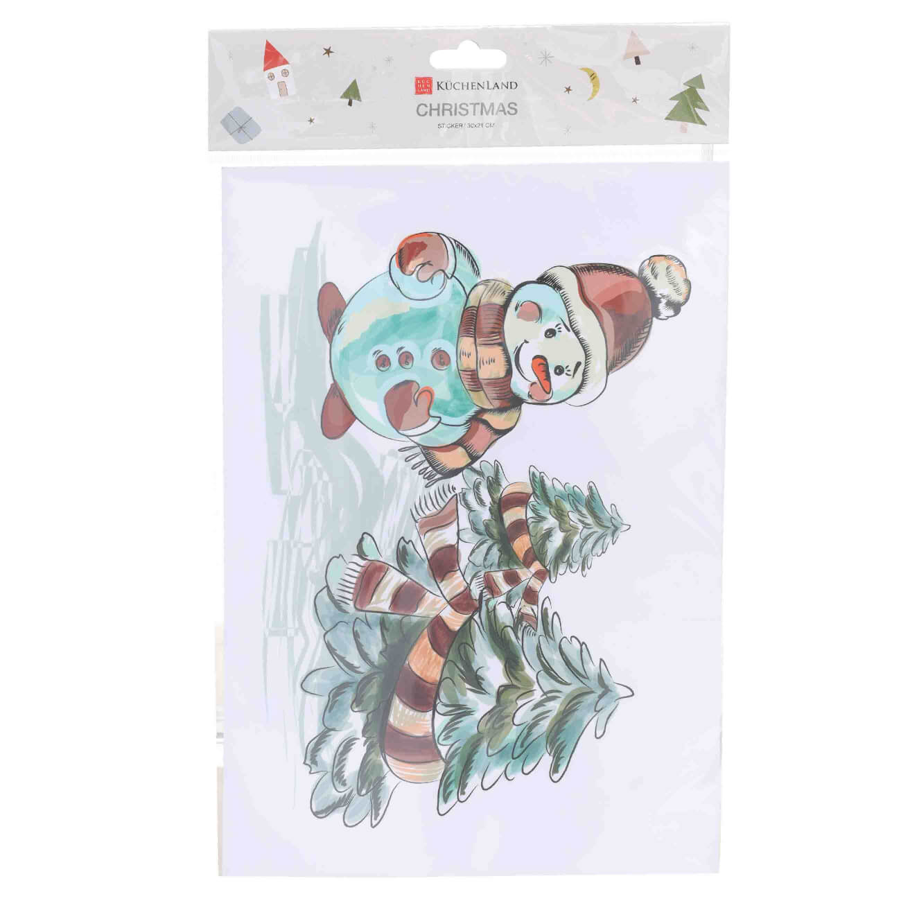 

Наклейка, 30х21 см, одноразовая, ПВХ, Снеговик, Christmas