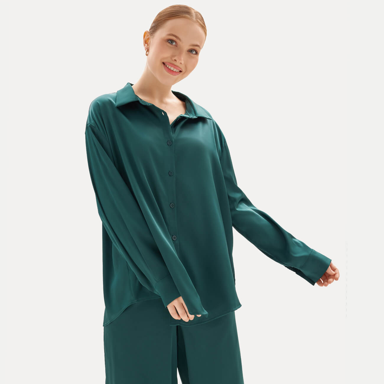 Рубашка женская, домашняя, р. L, с длинным рукавом, полиэстер/эластан, темно-зеленая, Candice