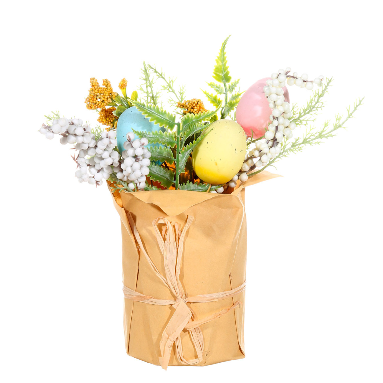 Композиция декоративная, 25 см, в крафте, пластик, Разноцветные яйца и цветы, Easter - фото 1