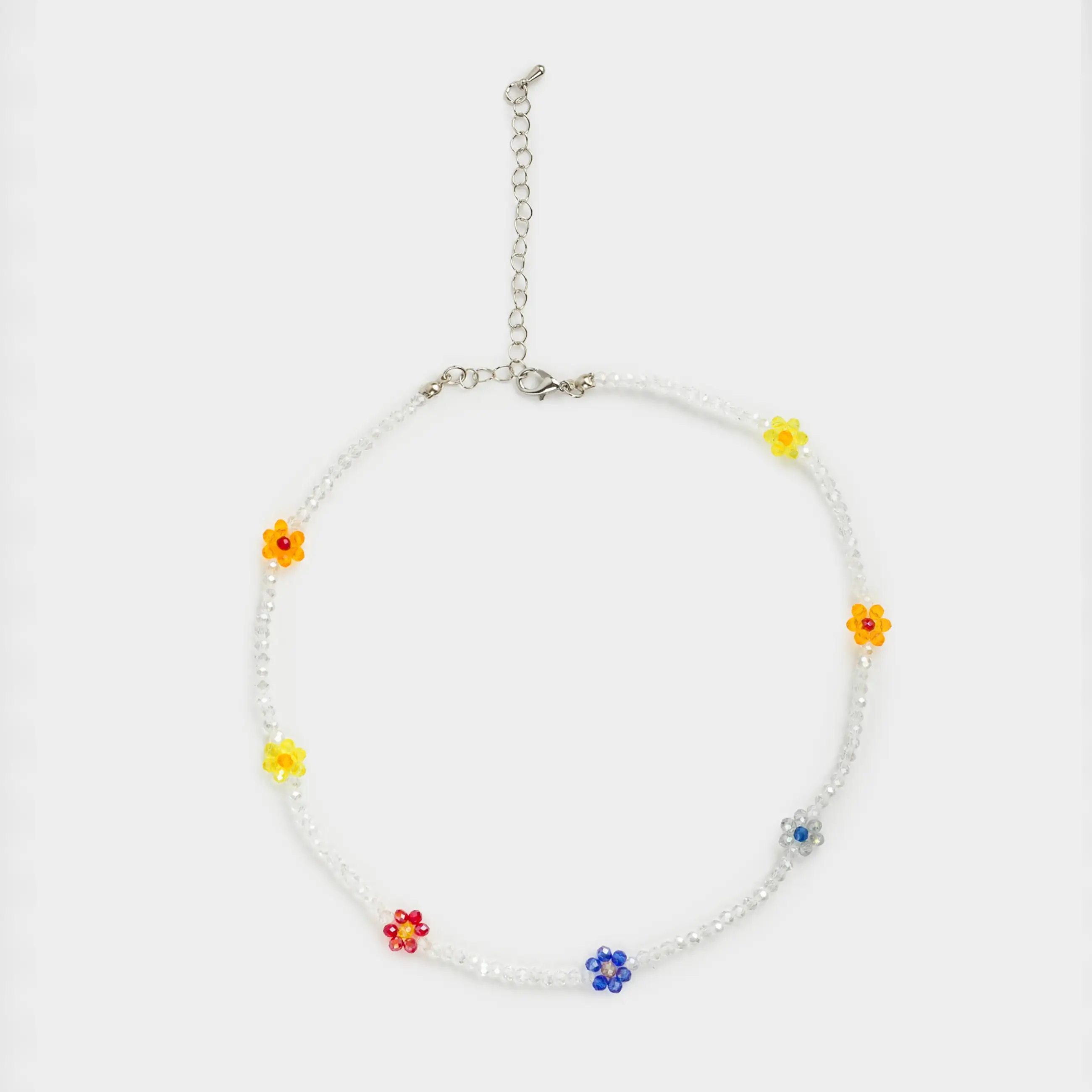 Цепочка, 49 см, стекло/металл, цветная, Ромашки и бусины, Pearl color