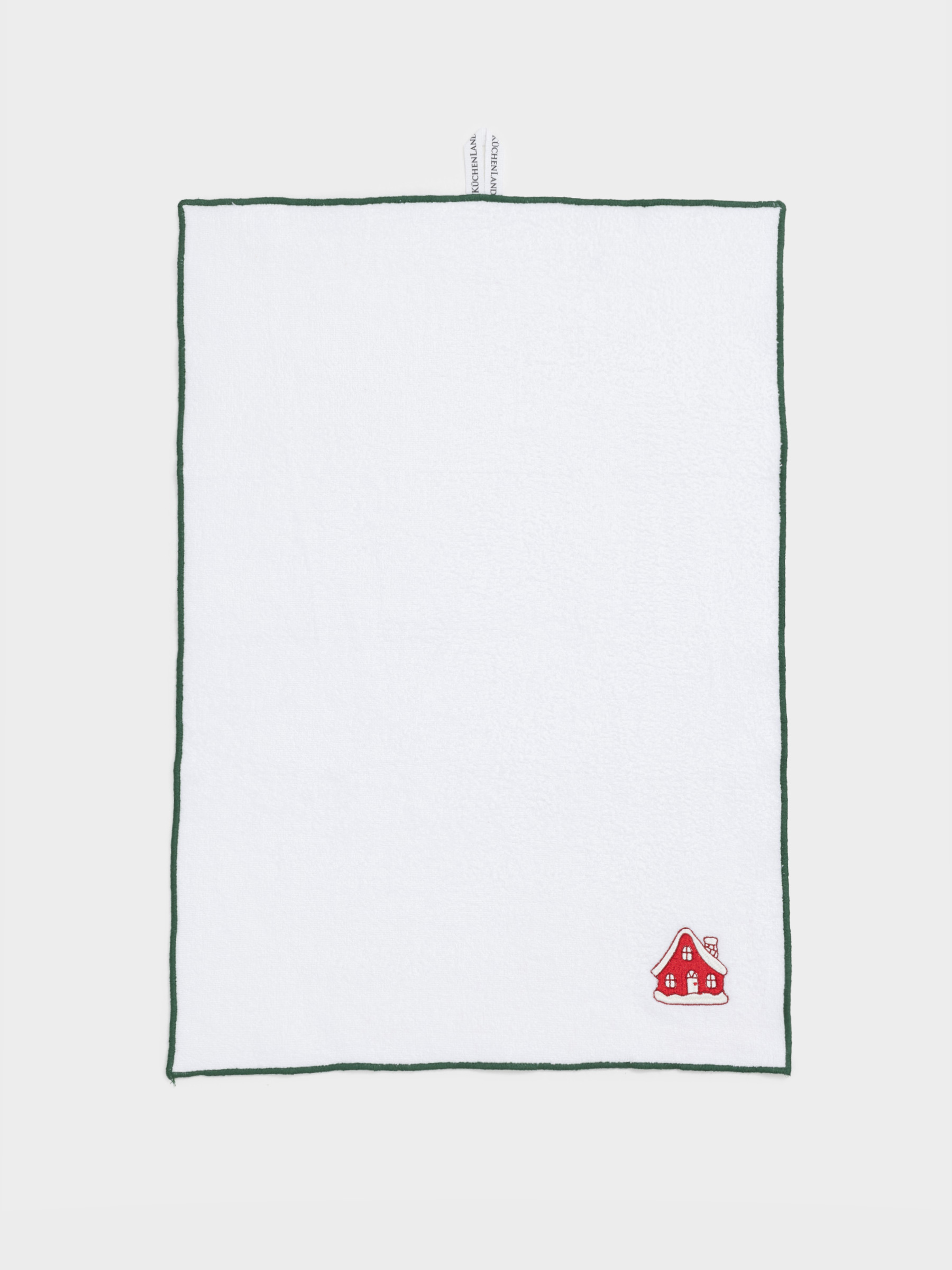 Полотенце кухонное, 40х60 см, хлопок, белое, с зеленым кантом, Домик и ели, Forest house, image-0