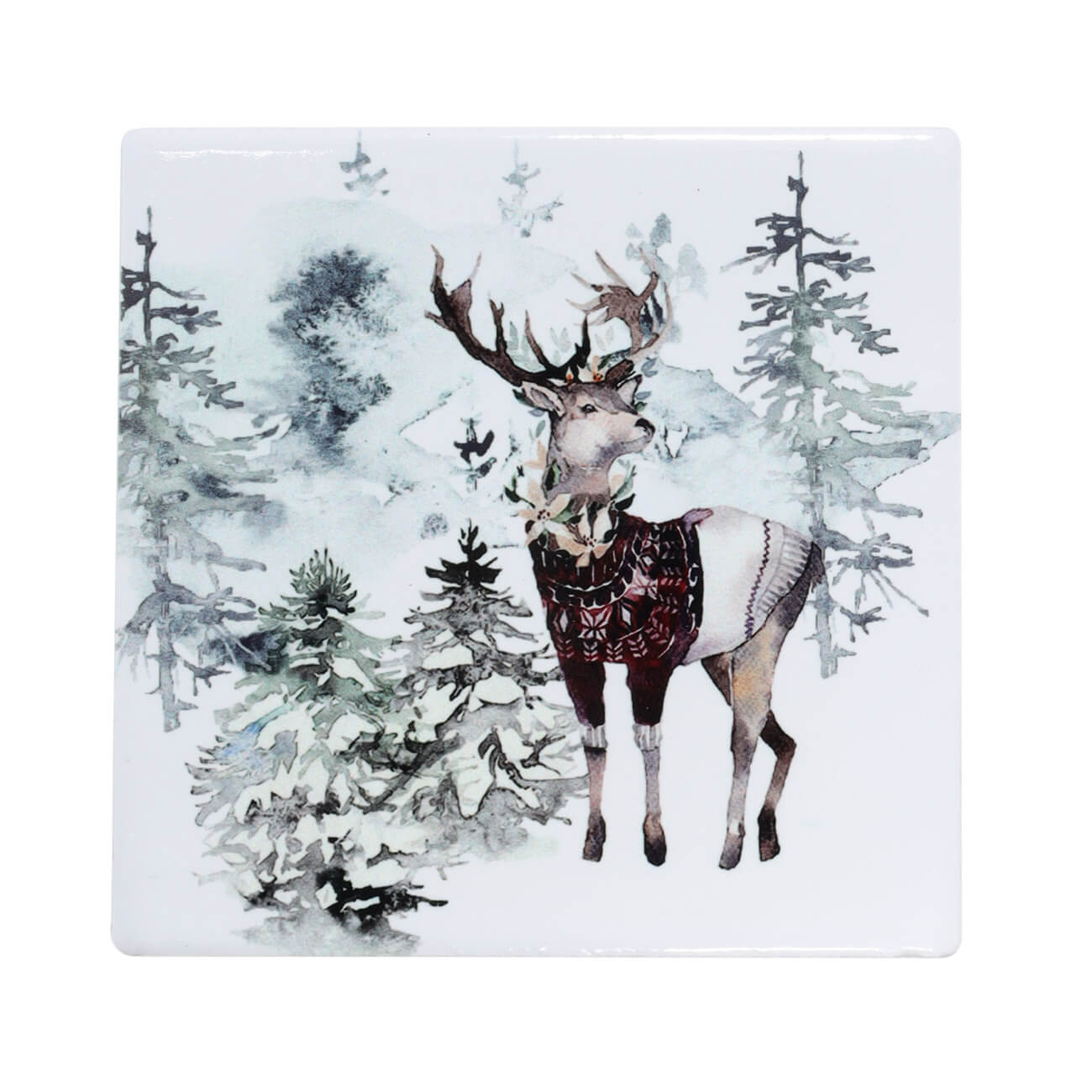 

Подставка под кружку, 11х11 см, керамика/пробка, квадратная, Олень в лесу, Woodland story