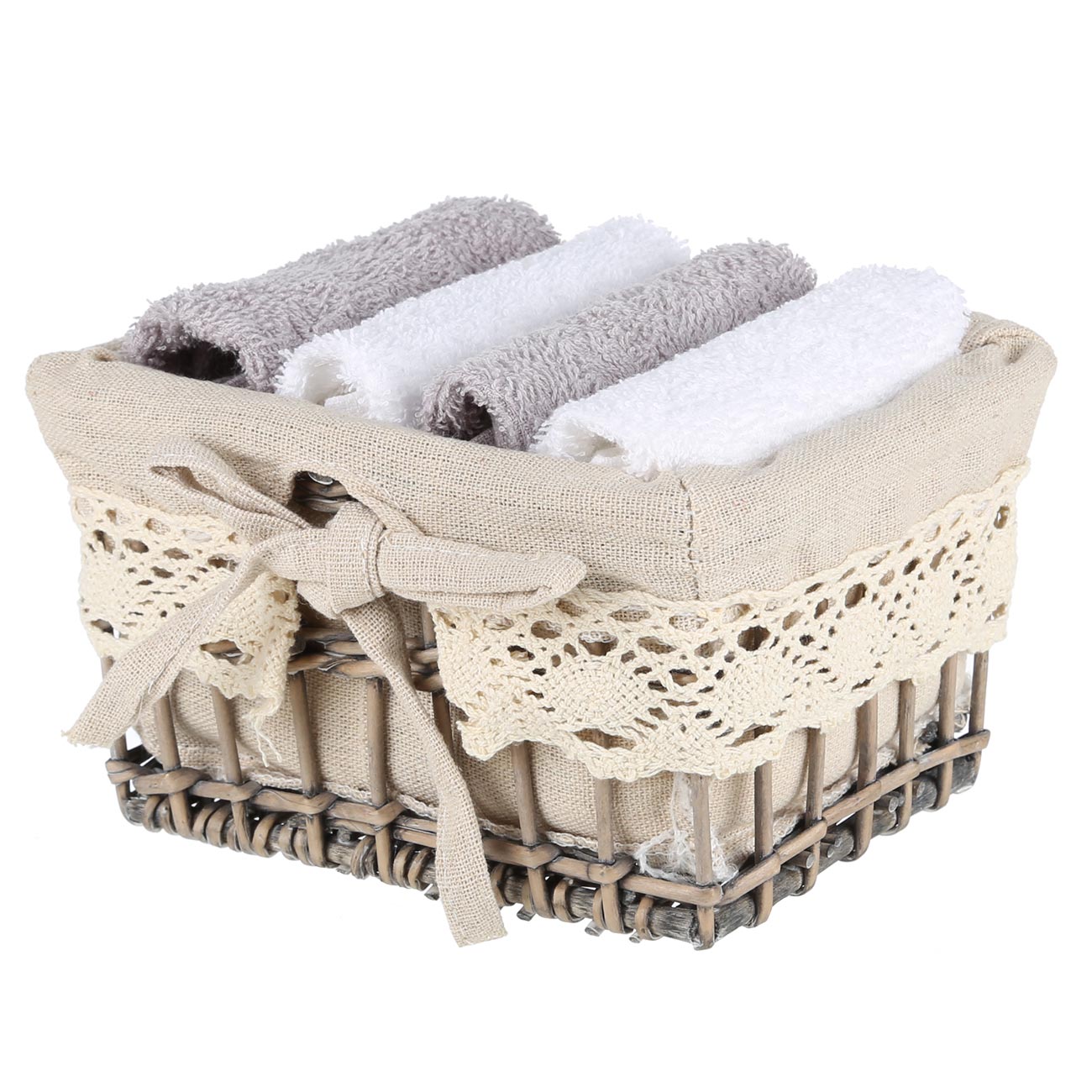 Полотенце, 30х30 см, 4 шт, в корзине, хлопок/дерево, белое/серое, Basket towel изображение № 3