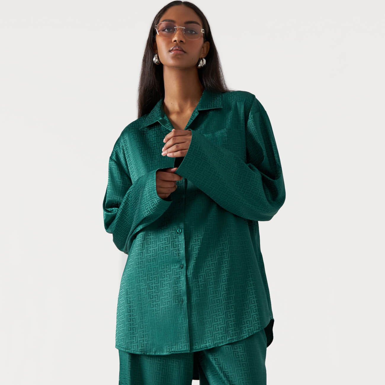 Рубашка женская, р. M, с длинным рукавом, полиэстер, зеленая, Жаккардовый узор, Agnia