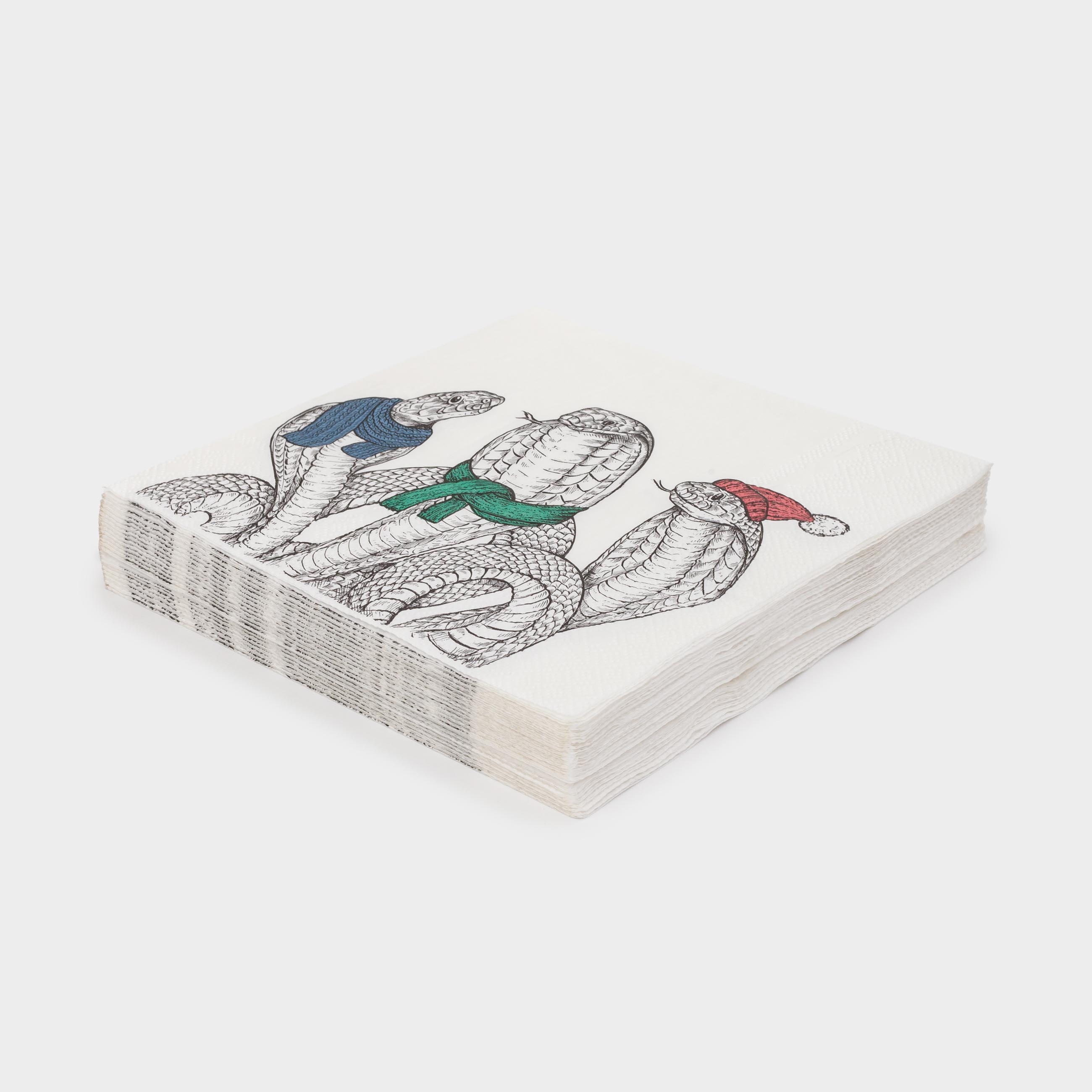 Салфетки бумажные, 33х33 см, 20 шт, квадратные, белые, Змеи в шарфах и в шапке, Snake trio, image-1