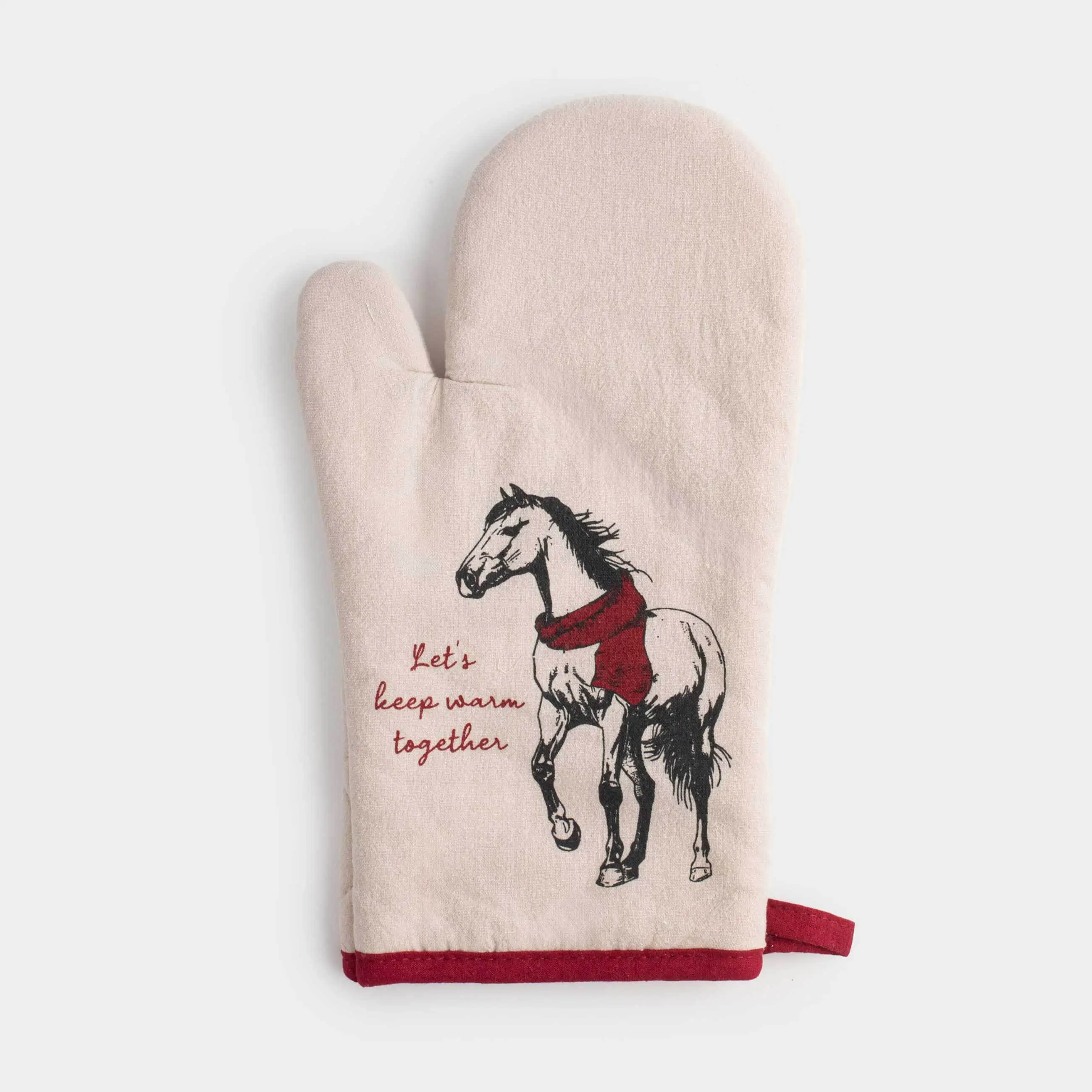 Прихватка-варежка, 18x30 см, хлопок, серо-бежевая, Лошадь, Horse in scarf