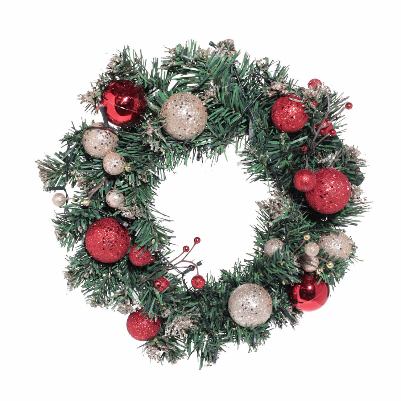 

Венок декоративный, 35 см, с подсветкой, ПВХ, Красные и шампань шары, Conifer bright