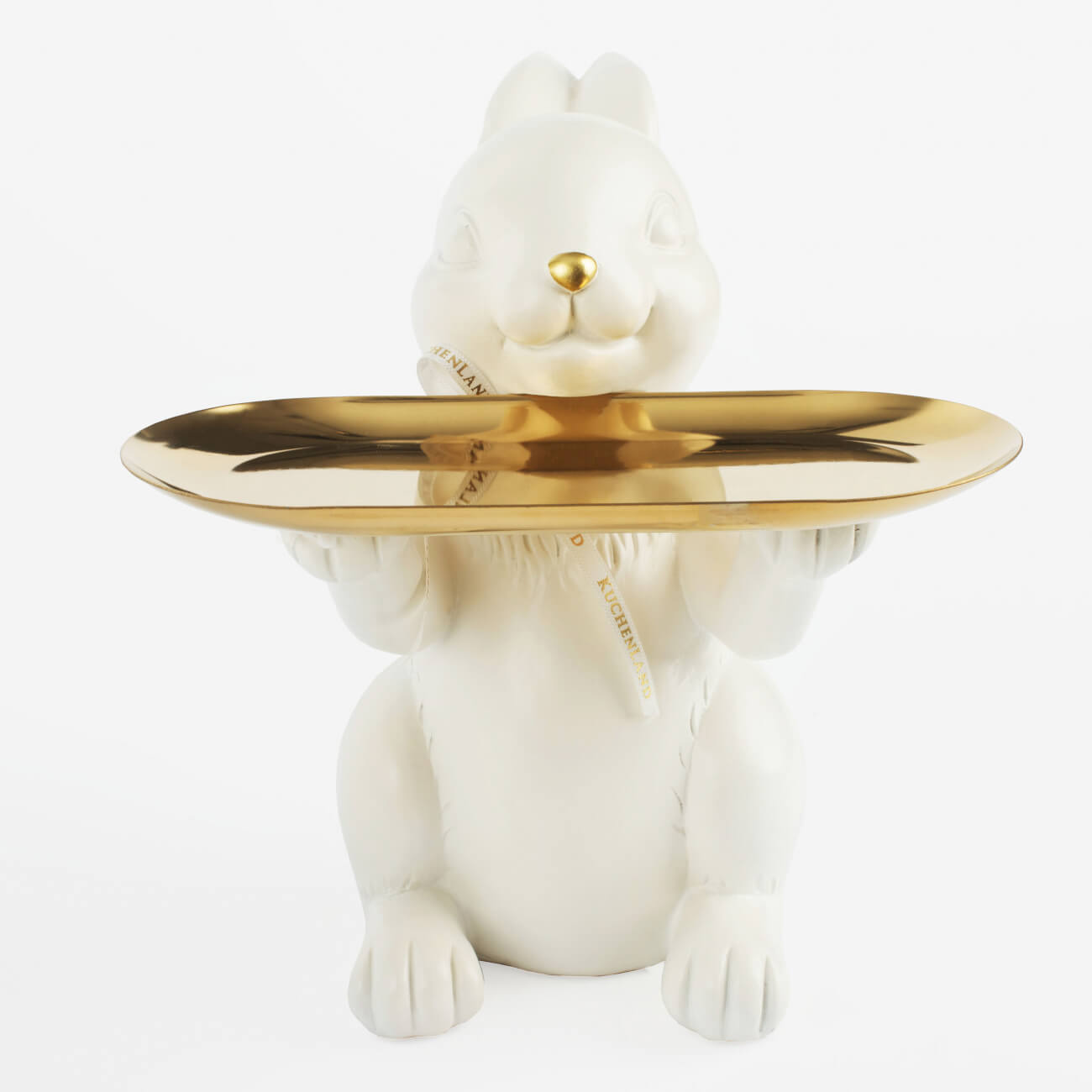 Блюдо декоративное, 20 см, полирезин/металл, бело-золотистое, Кролик с подносом, Easter gold изображение № 1