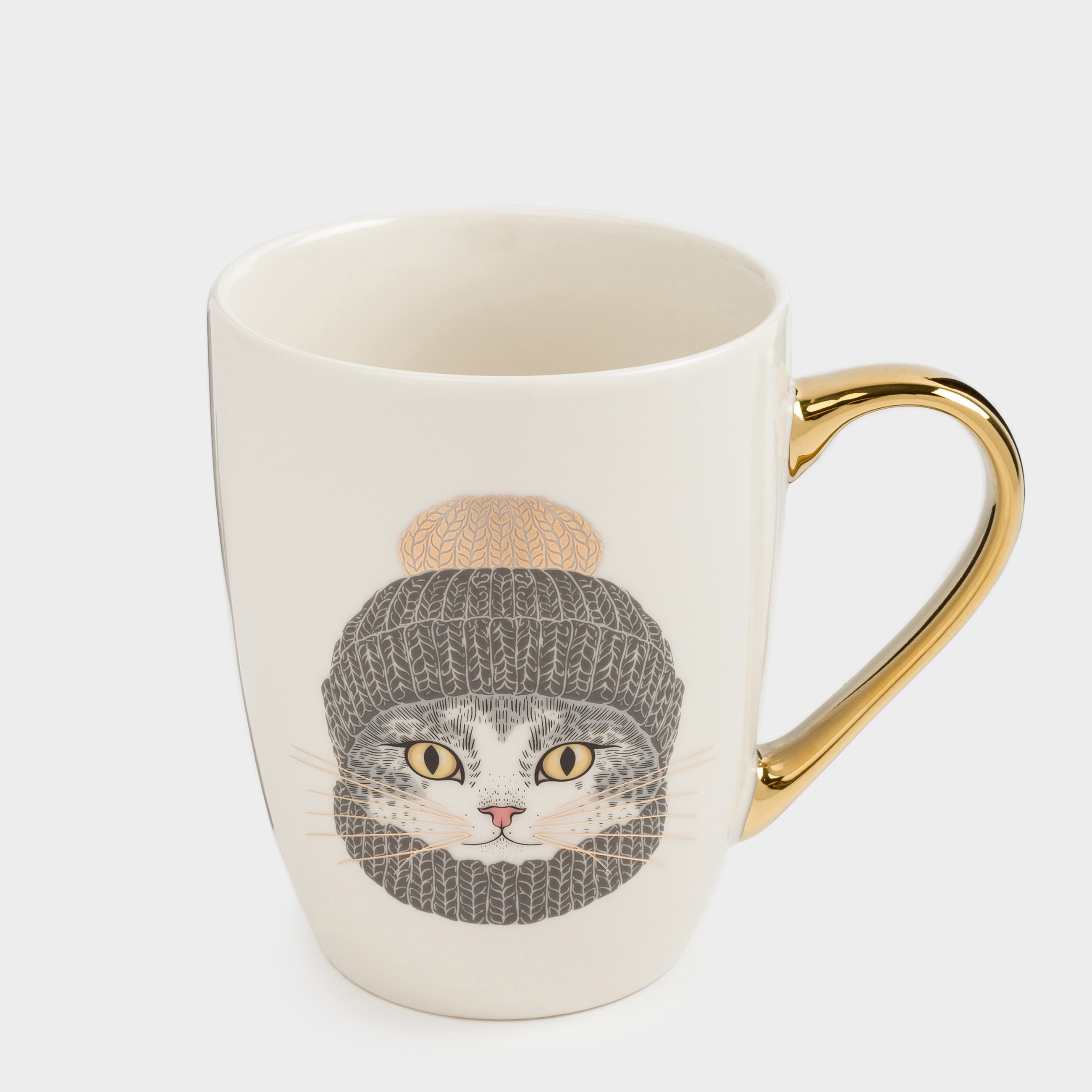 Кружка, 350 мл, фарфор N, бело-золотистая, Кот в шапке и шарфе, Cat, image-1