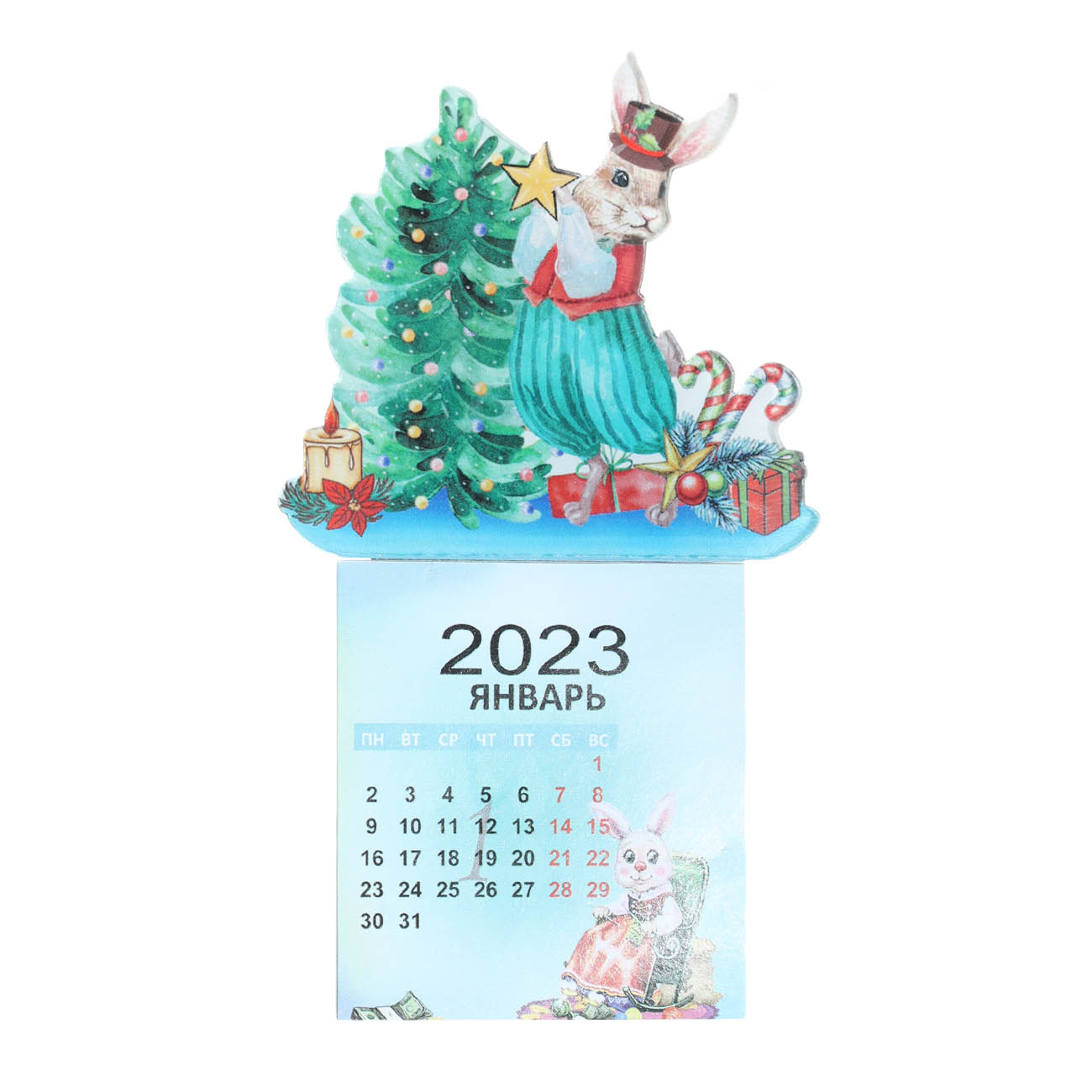 Магнит с календарем, 10 см, акрил/бумага, Кролик у елки, Rabbit