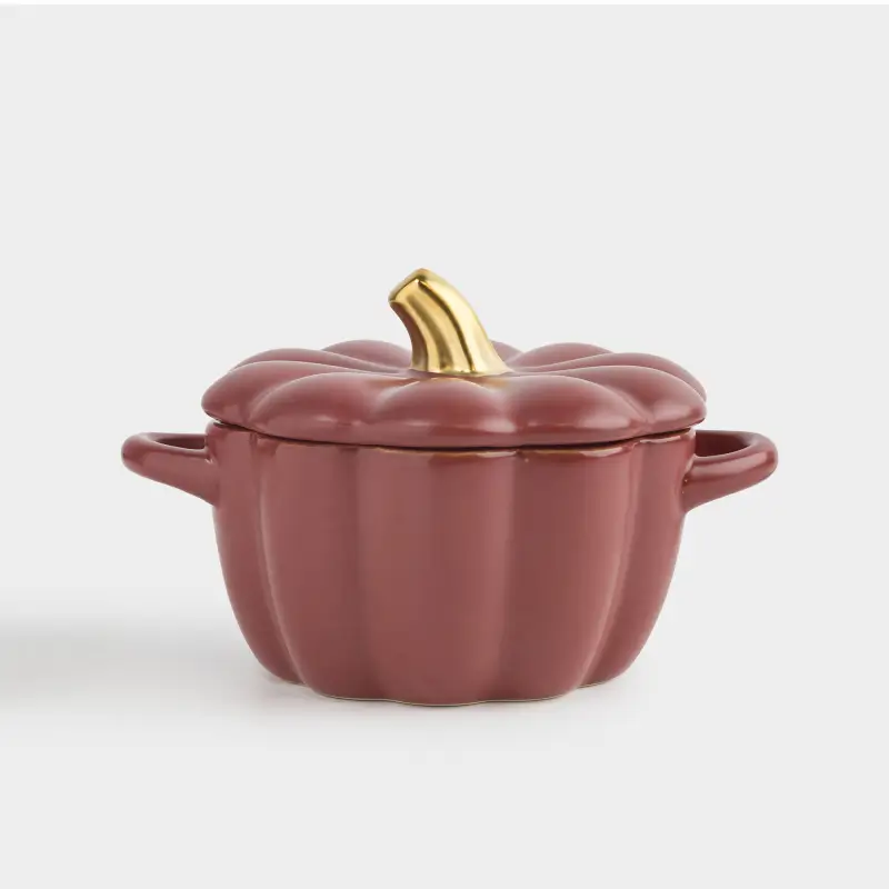 Кокотница, 11 см, 340 мл, с крышкой, керамика, бордово-золотистая, Тыква, Gourd