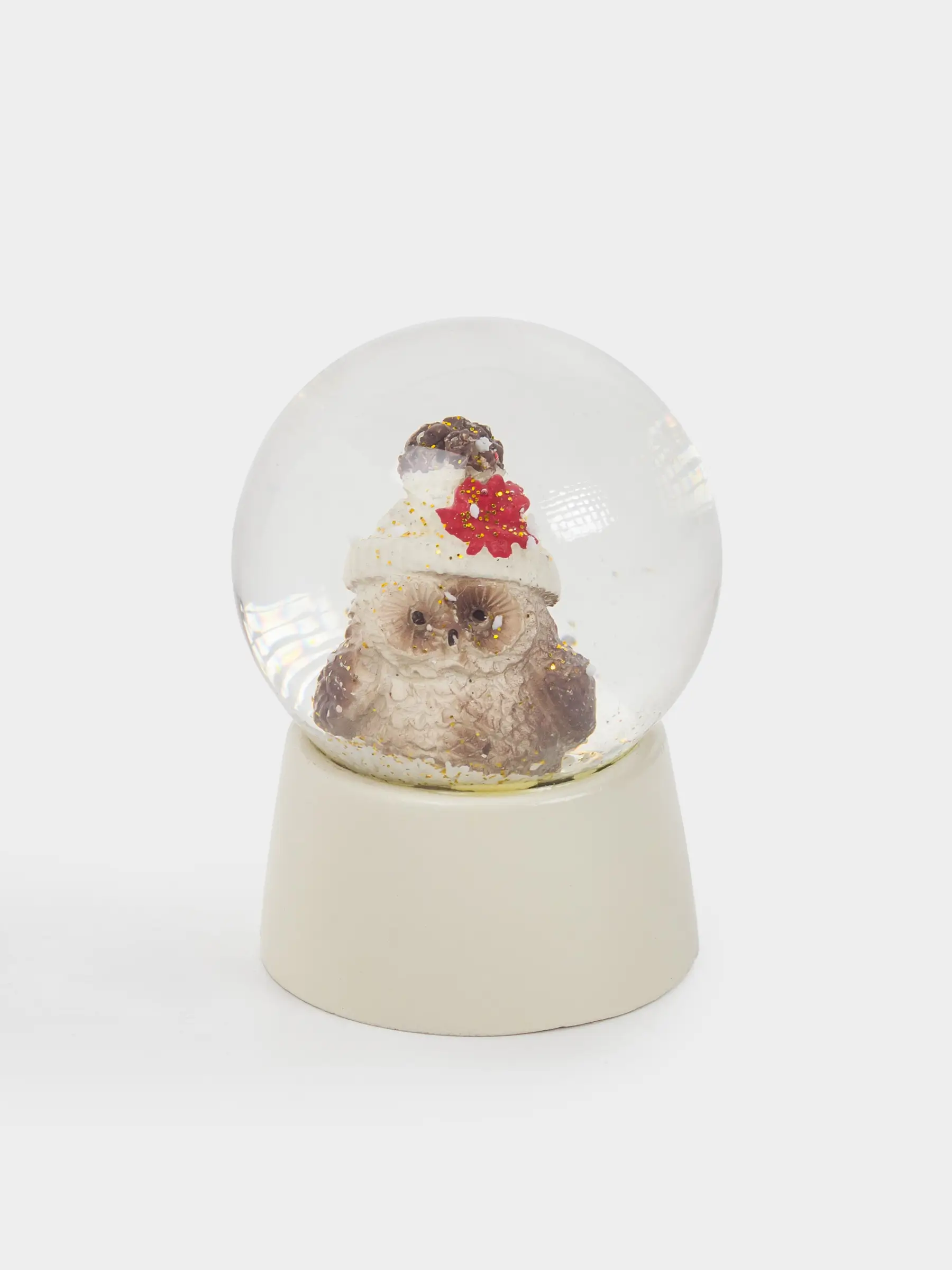Снежный шар, 6 см, стекло/полирезин, молочный, Сова в шапке, Forest animals, image-0