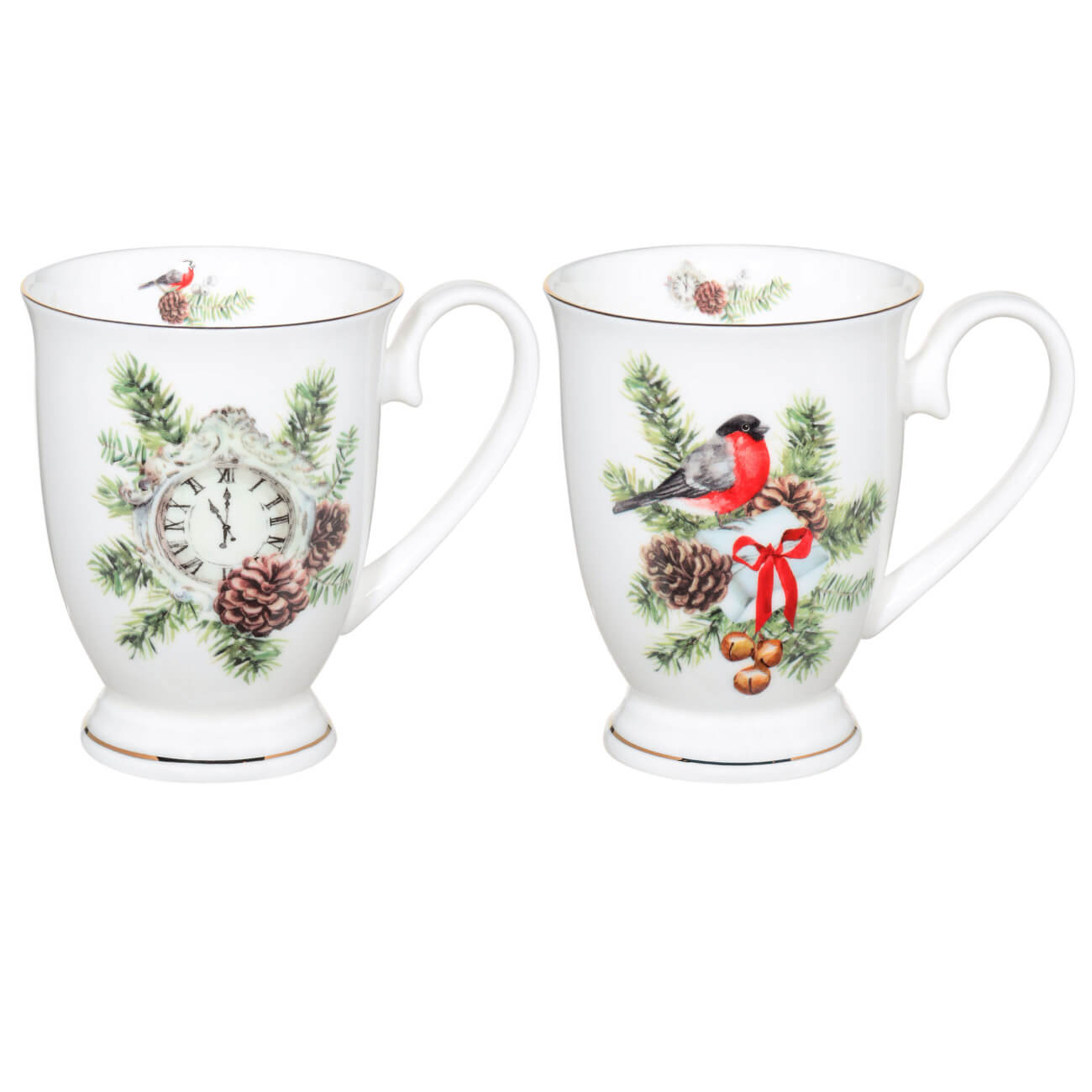 

Кружка, 280 мл, 2 шт, фарфор F, Часы и снегирь, Christmas miracle