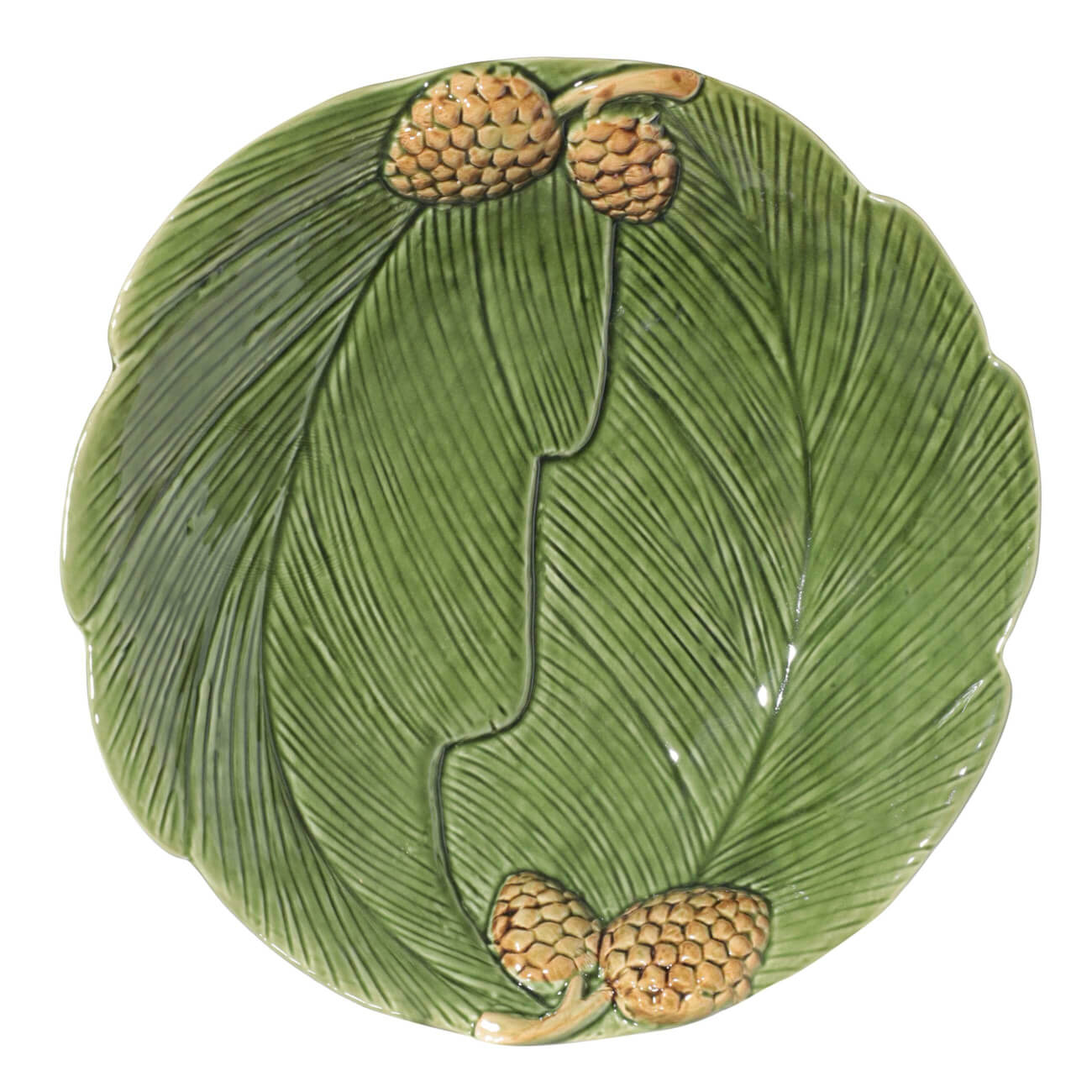 Блюдо, 26 см, керамика, круглое, зеленое, Шишки на листе, Fir cone