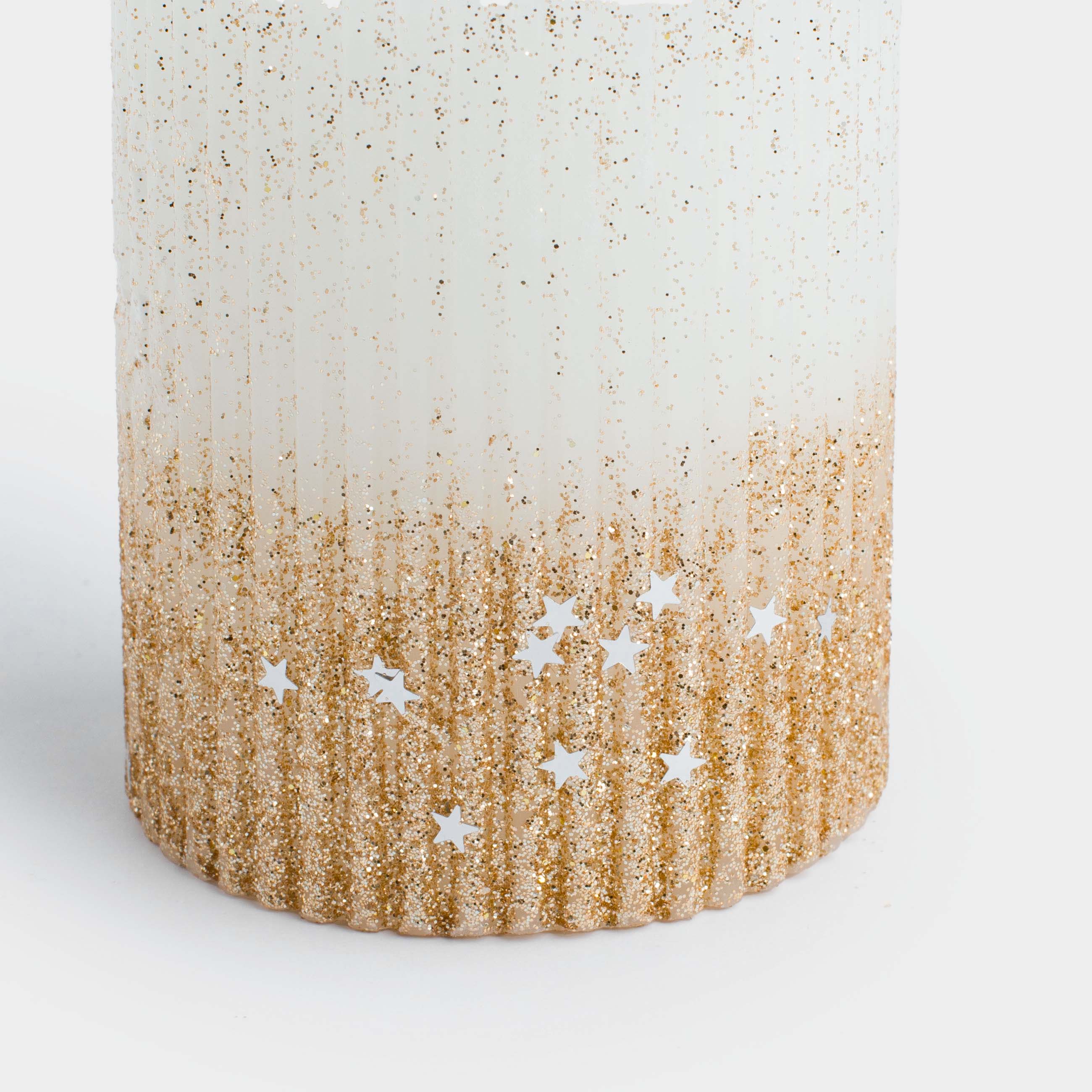 Свеча, 8 см, цилиндрическая, с блестками, молочно-золотистая, Ribbed candle, image-1