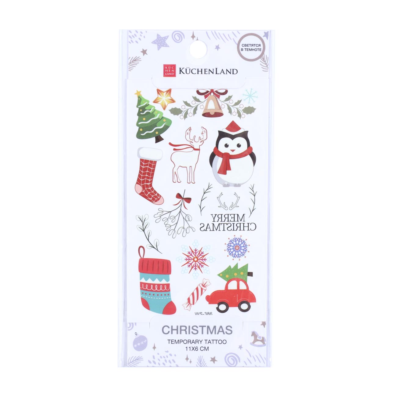 

Тату временная, 11х6 см, переводная, Пингвин в шарфе, Christmas