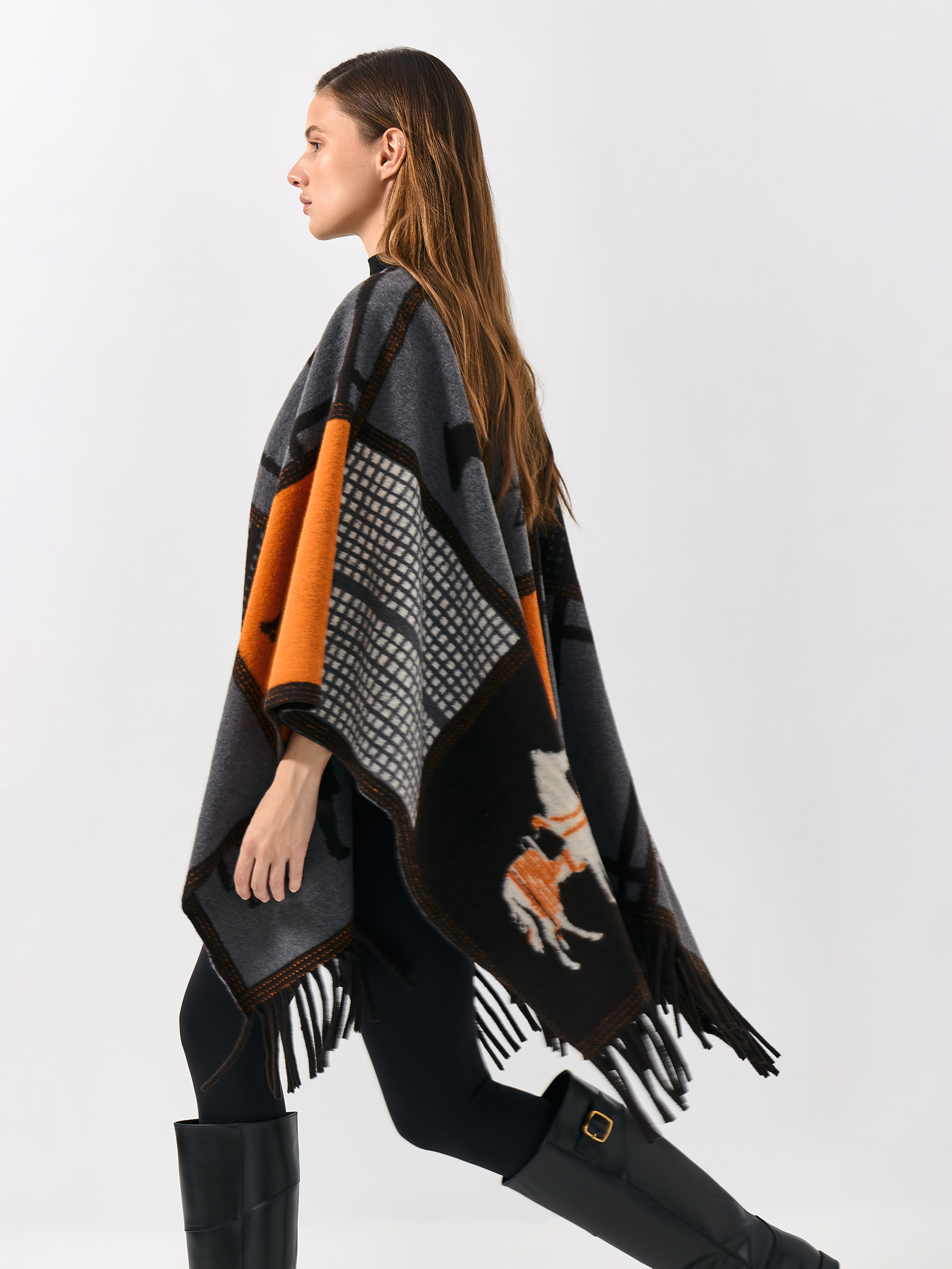 Пончо, 130х160 см, с бахромой, полиэстер, черно-оранжевое, Лошадь, Poncho, image-6