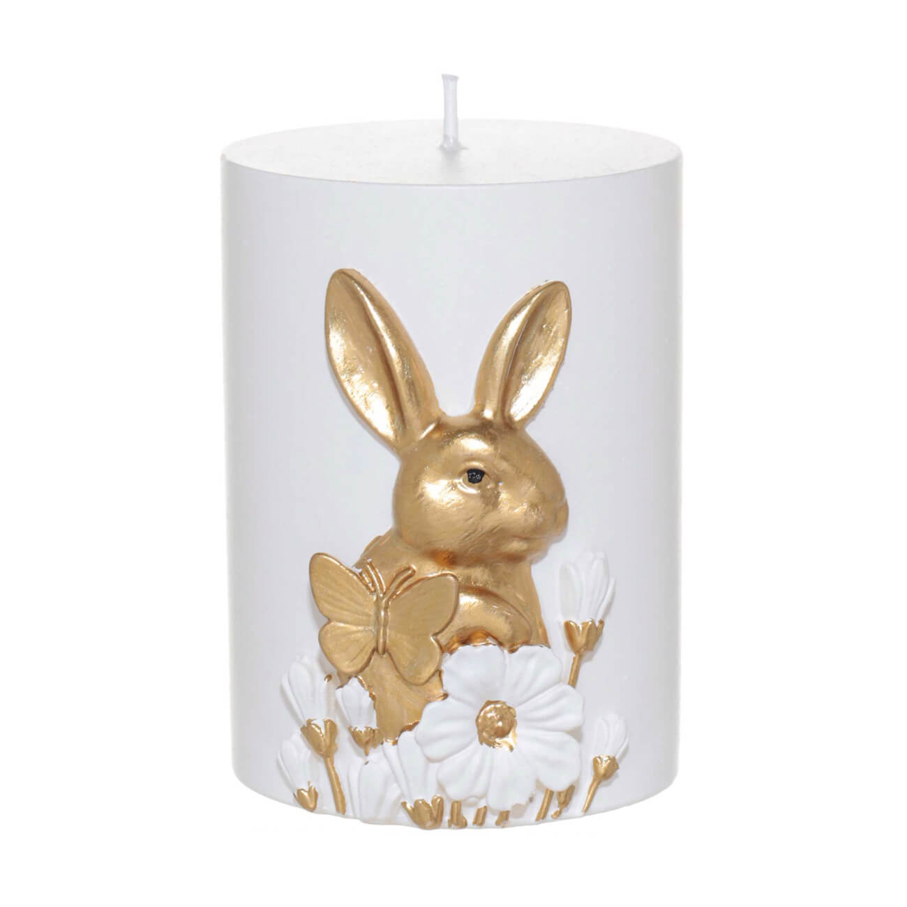 подставка для яйца 12 см полирезин бело золотистая кролик с тележкой easter gold Свеча, 9 см, цилиндрическая, бело-золотистая, Кролик с бабочкой, Easter gold