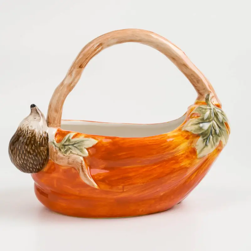 Конфетница, 27х22 см, с ручкой, керамика, оранжевая, Еж на тыкве, Forest symphony, image-0
