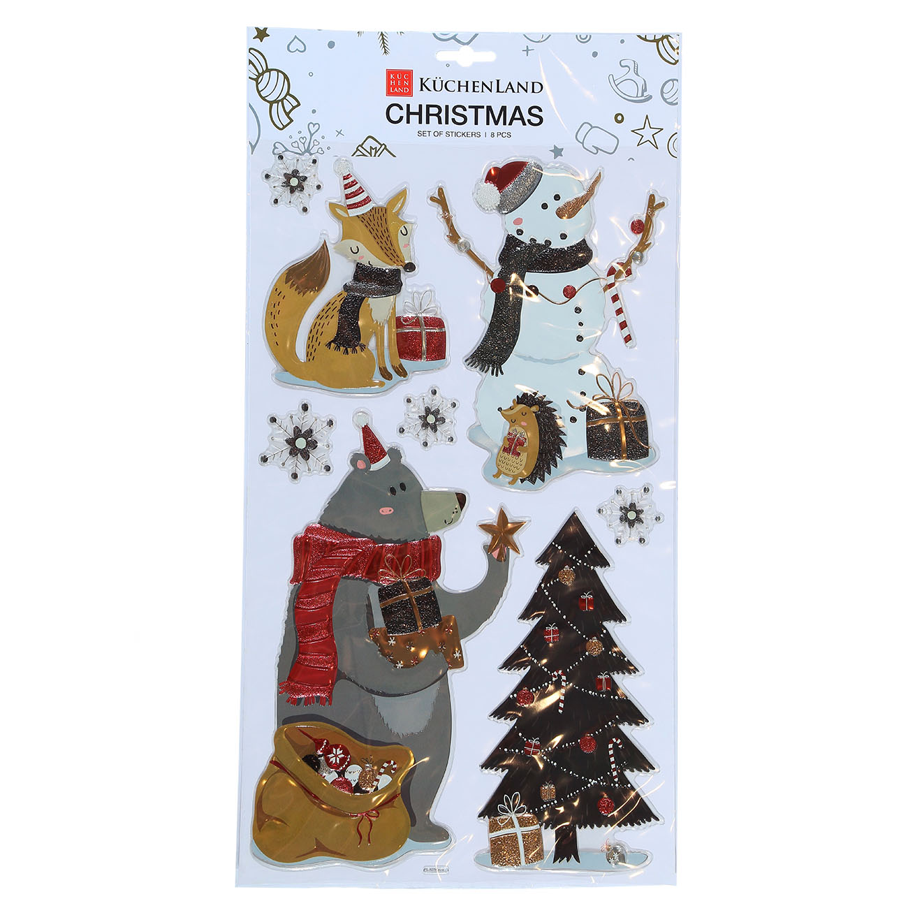 

Набор наклеек, 48х25 см, 8 шт, одноразовые, ПВХ/фольга, Звери в лесу, Christmas