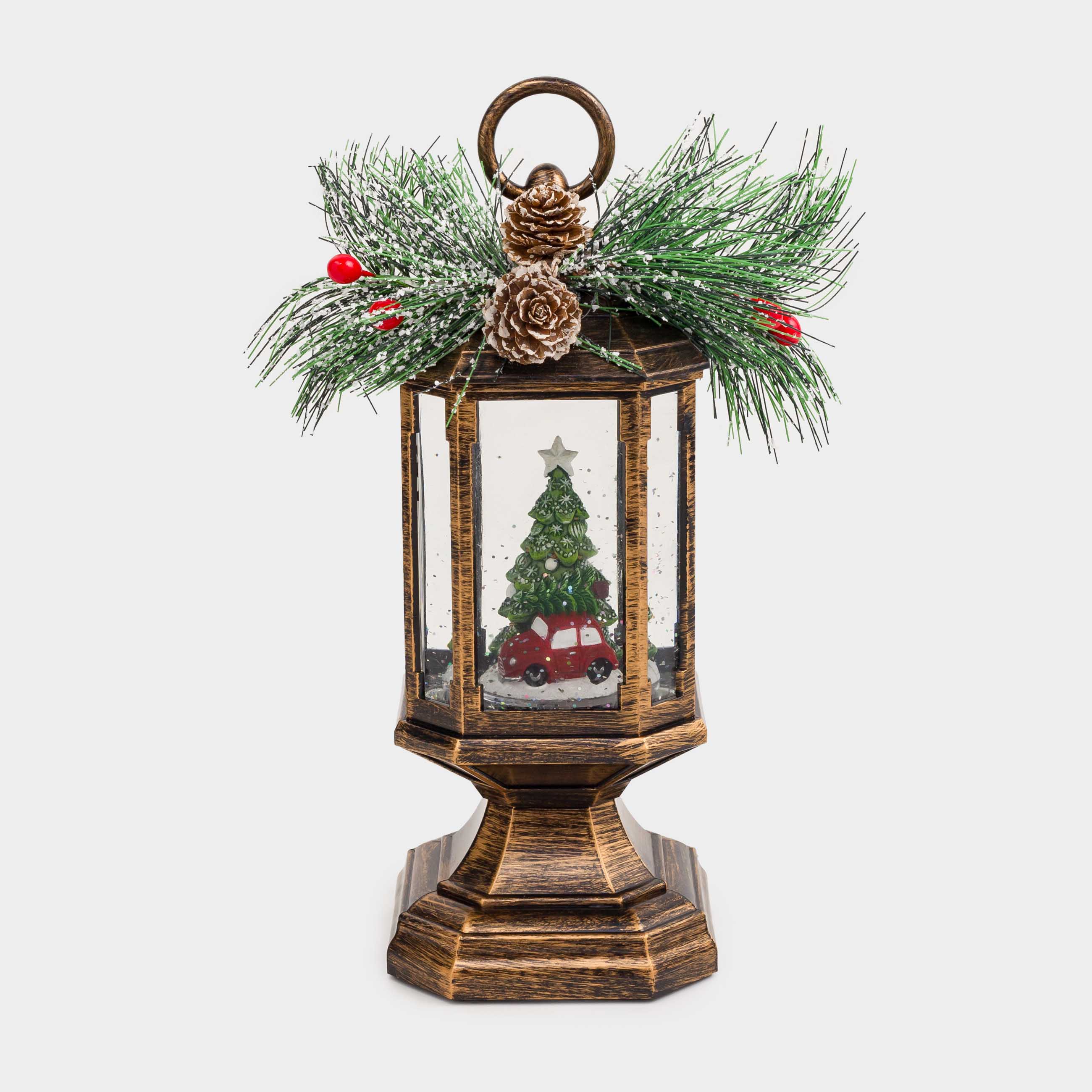 Снежный фонарь, 23 см, с подсветкой, пластик, бронзовый, Машина у елки, Bronze style