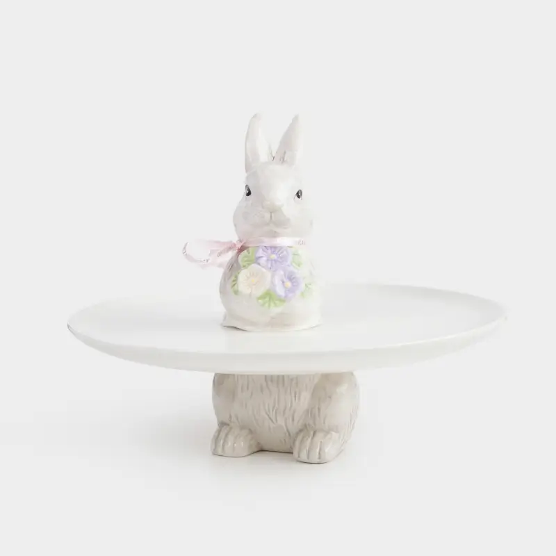 Блюдо на ножке, 24х18 см, керамика, бело-серое, Кролик с букетом цветов, Easter ,image-0