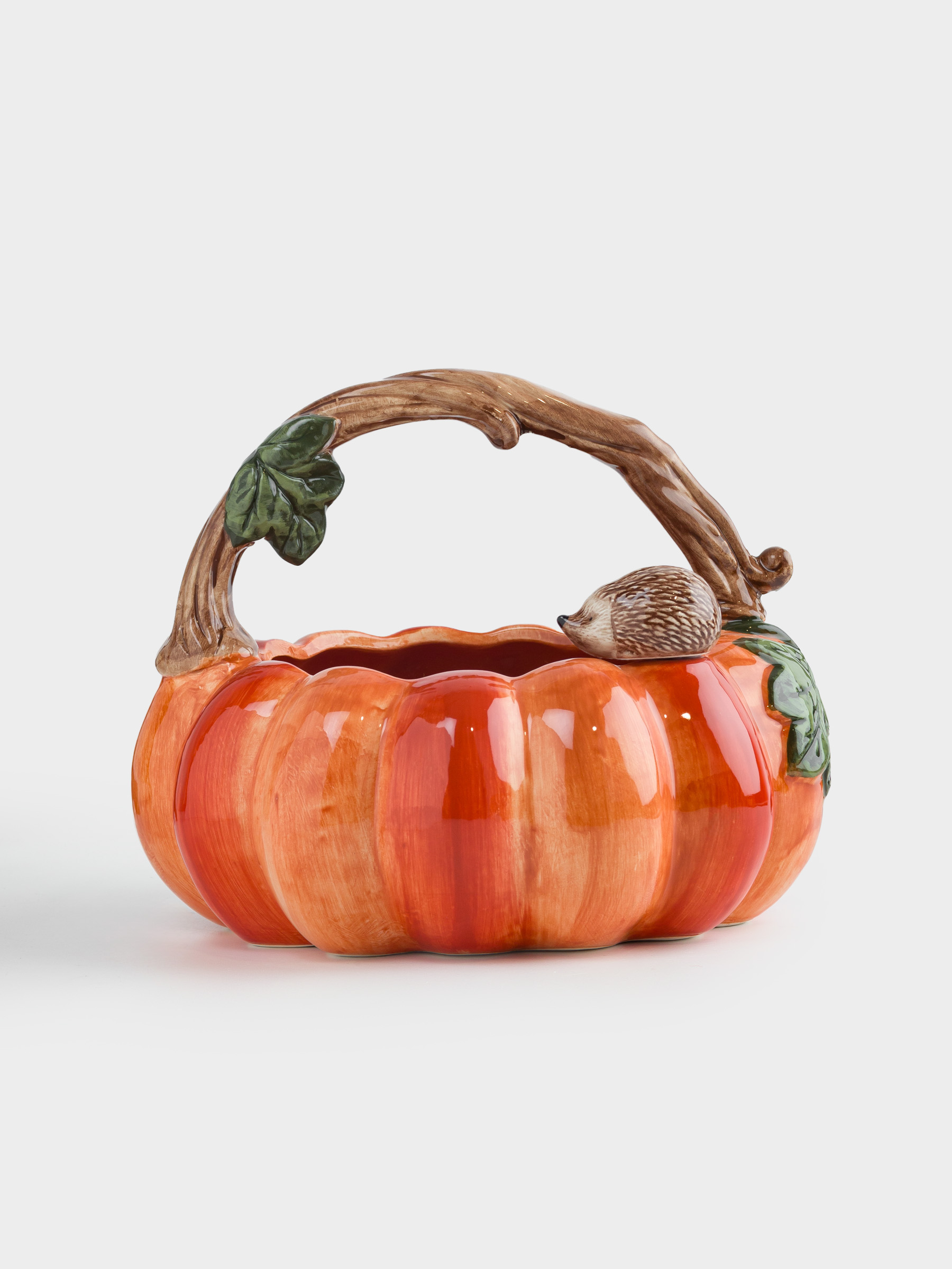 Конфетница, 23х19 см, с ручкой, керамика, оранжевая, Еж на тыкве, Forest symphony, image-0