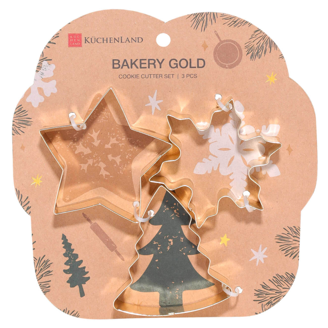 

Набор форм для печенья, 3 шт, сталь, золотистый, Подарок, Bakery gold