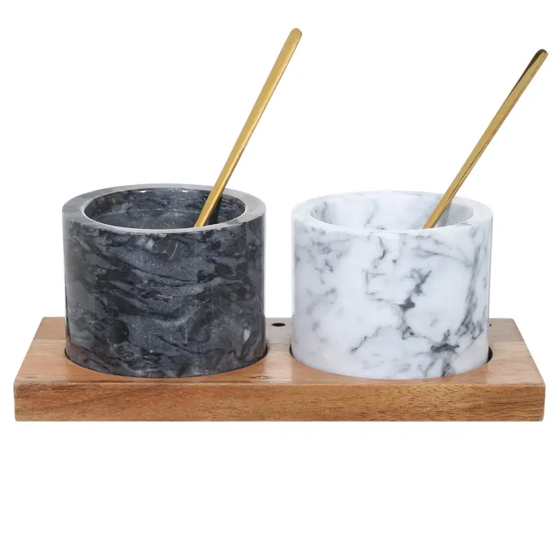 Емкость для специй, 6 см, 2 шт, с ложками, на подставке, мрамор/дерево, Marble ,image-0