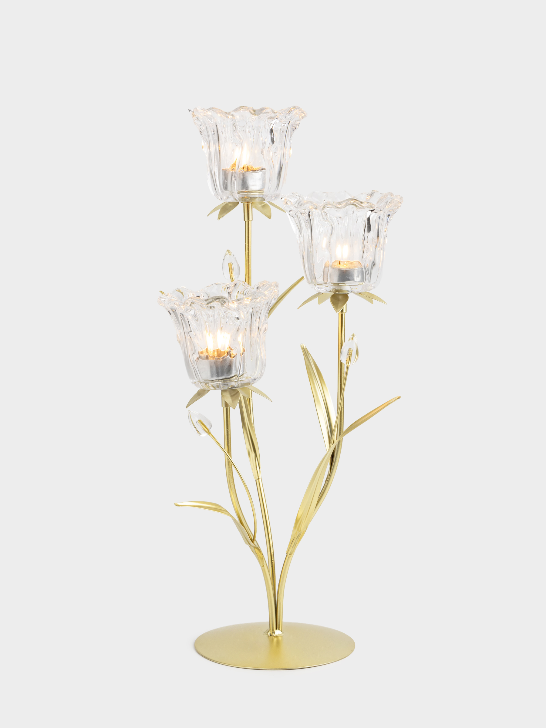 Подсвечник, 45 см, 3 чайные свечи, стекло/металл, золотистый, Цветы, Fantastic flowers, image-4