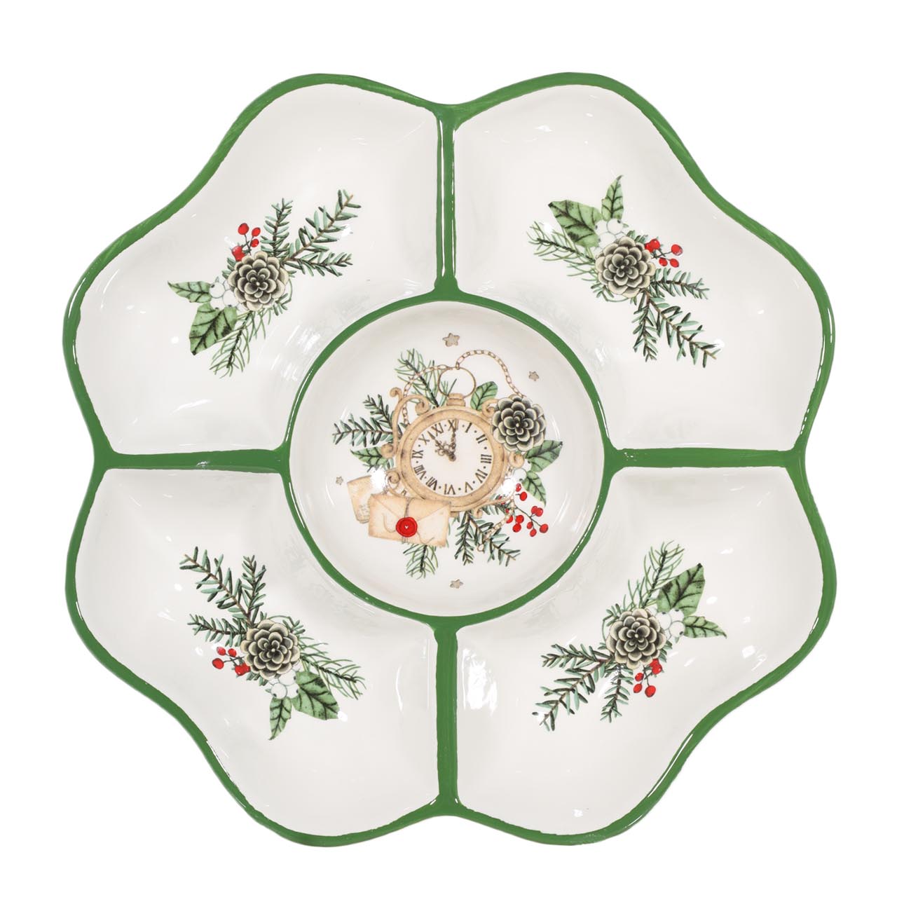 

Менажница, 25 см, 5 отд, керамика, Часы на ветке, Christmas green