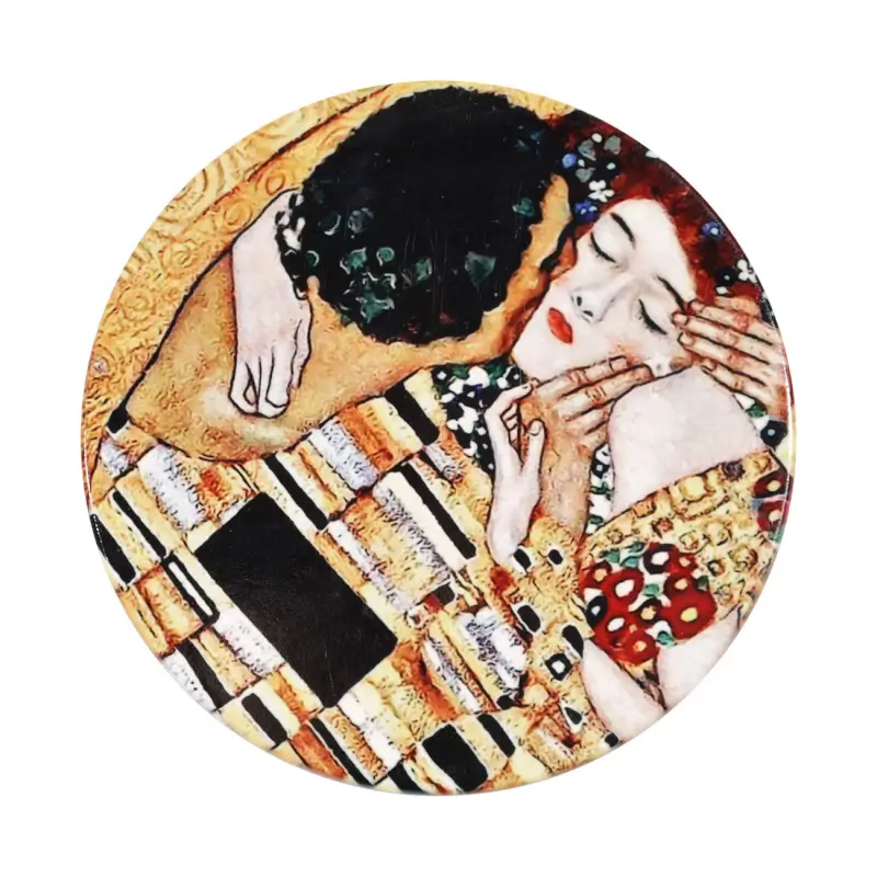 Подставка под кружку, 11 см, круглая, керамика/пробка, Климт, Поцелуй, Art поцелуй ,image-0