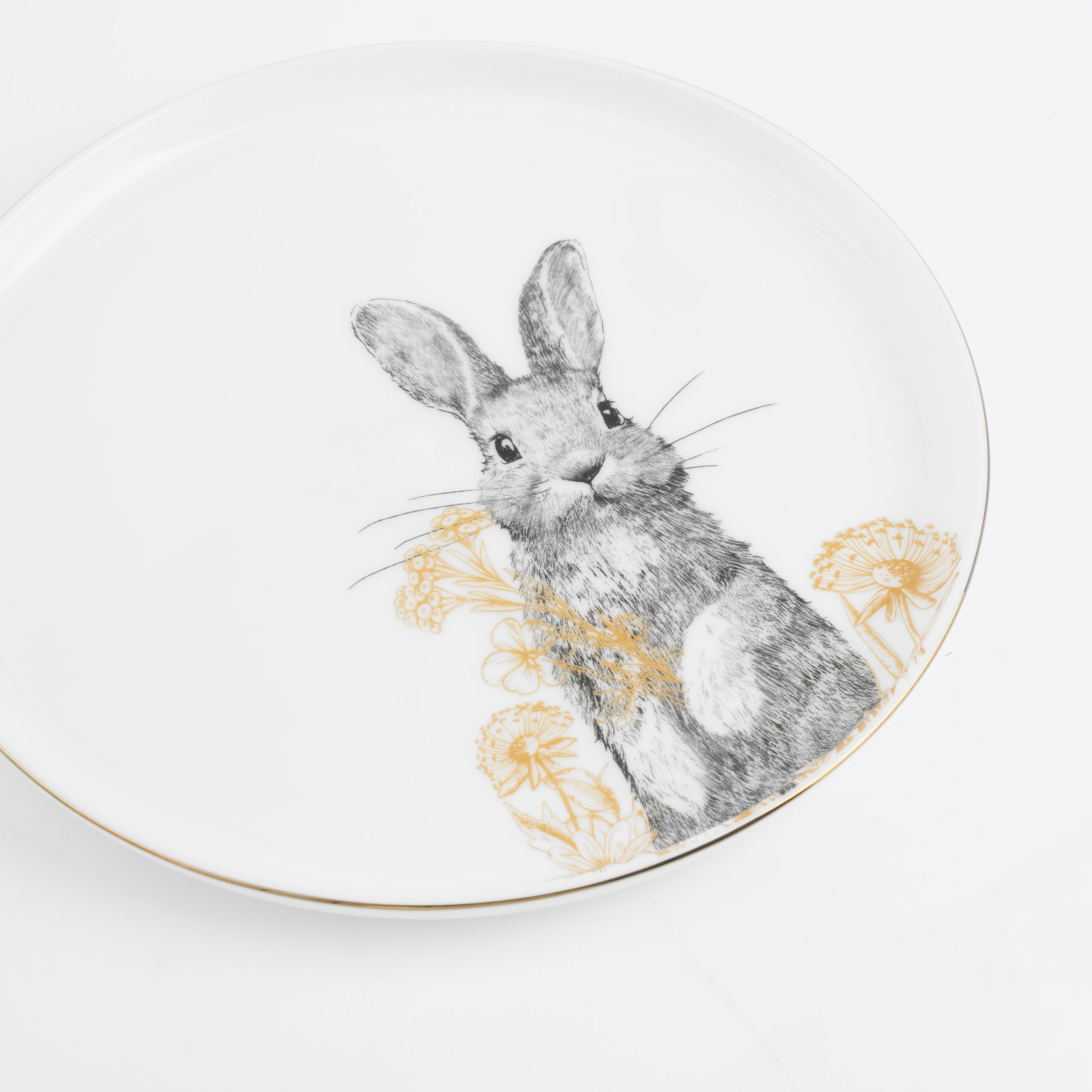 Тарелка закусочная, 24 см, фарфор F, белая, с золотистым кантом, Кролик с цветами, Rabbit gold